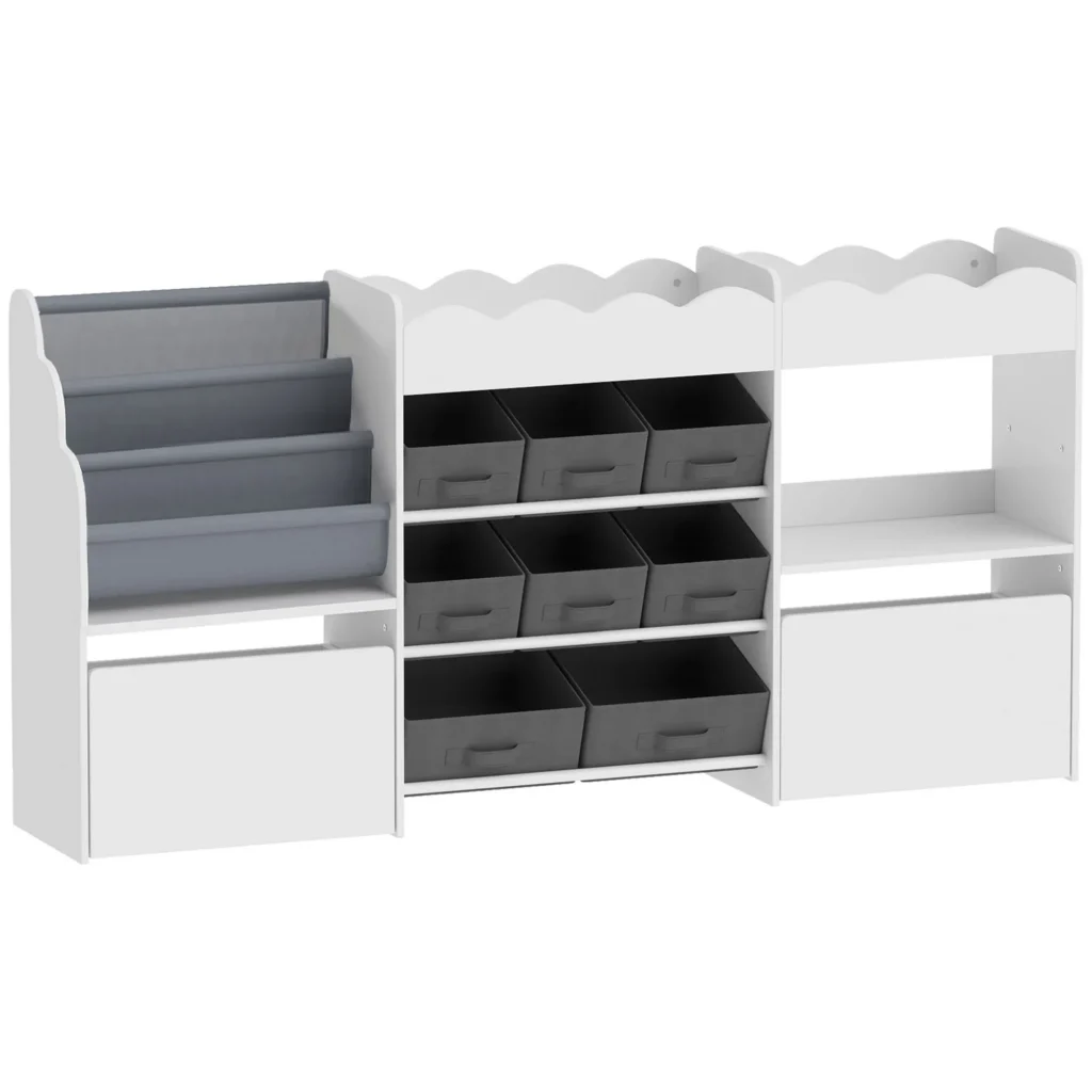 Meuble de rangement enfant 158 cm – 8 bacs en tissu, 2 tiroirs à roulettes et bibliothèque – Blanc et gris