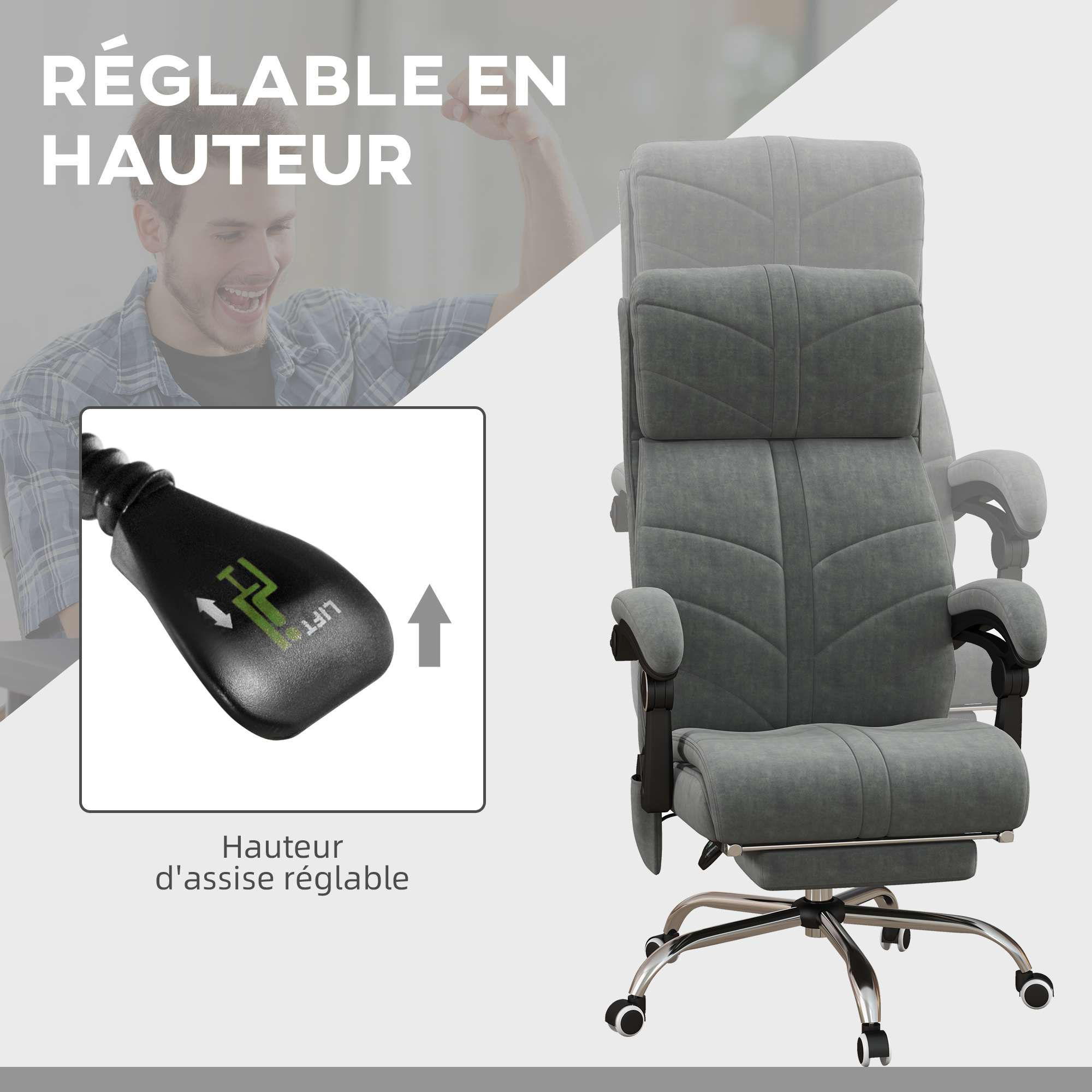 Fauteuil de Bureau Massant et Chauffant avec Repose-Pied – Gris - Image 5