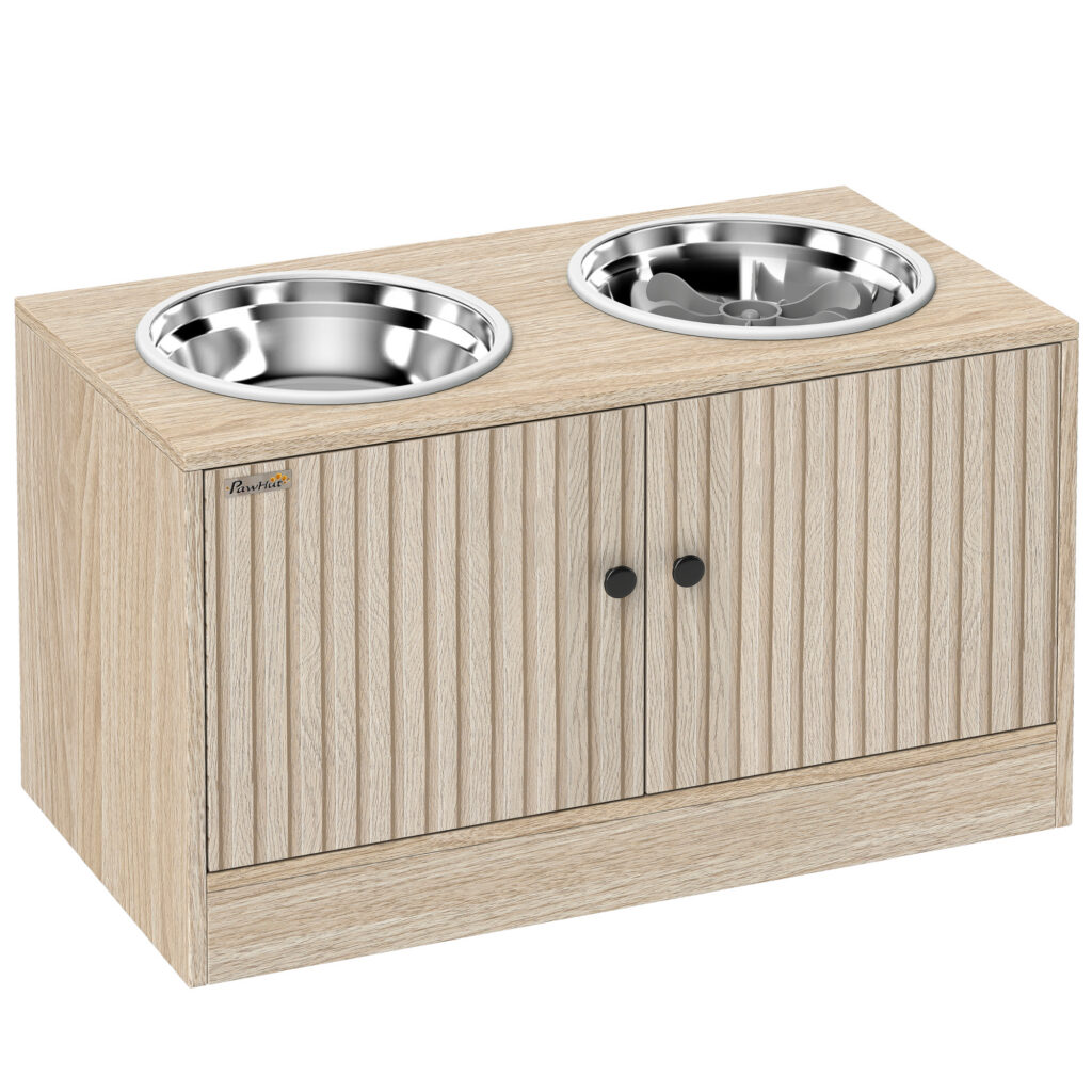 Gamelles Surélevées pour Grand Chien – 2 Bols 2 L et Rangement 40 L – Chêne