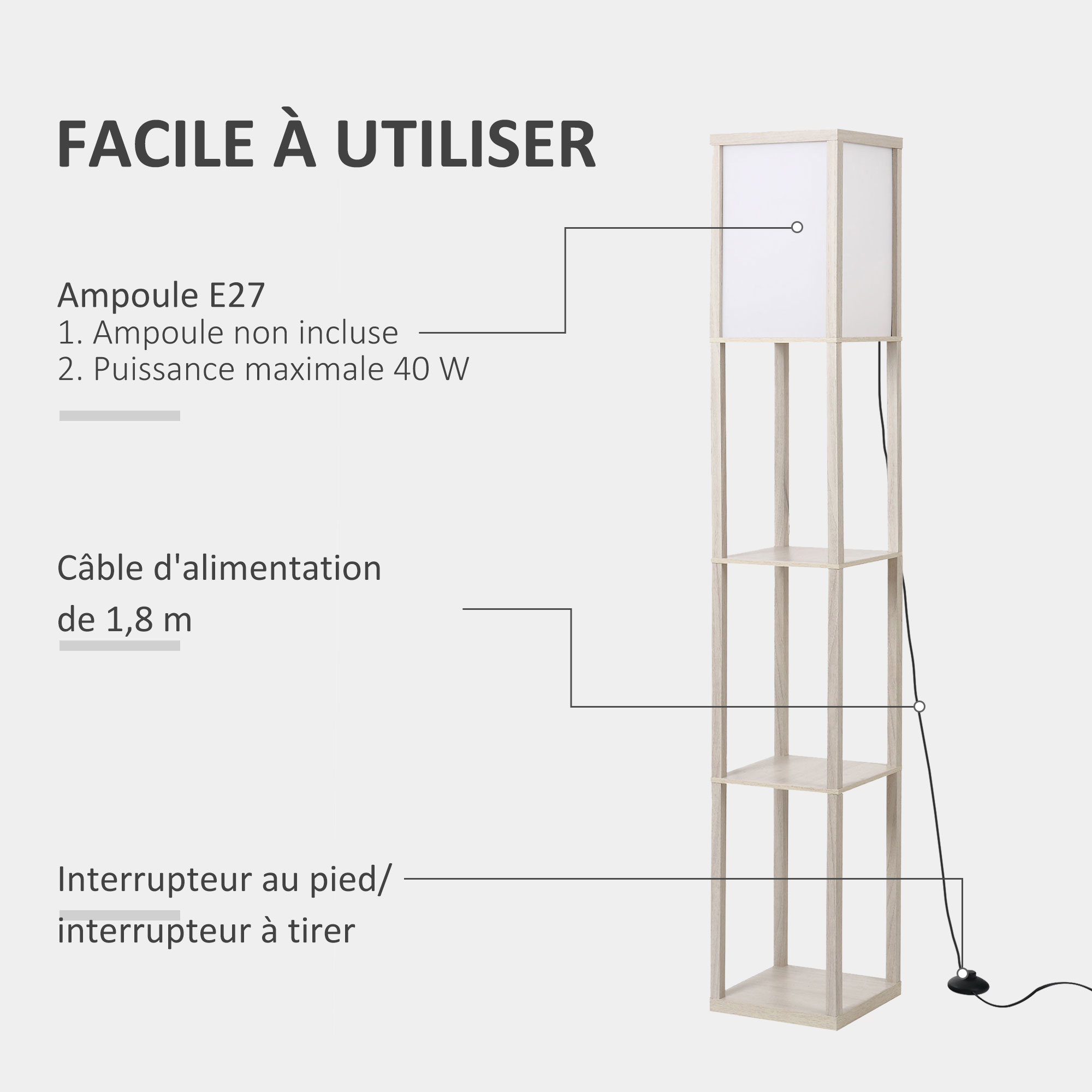 Lampadaire étagère 26L x 26l x 160H cm 3 étagères 4 Niveaux MDF chêne - Image 5