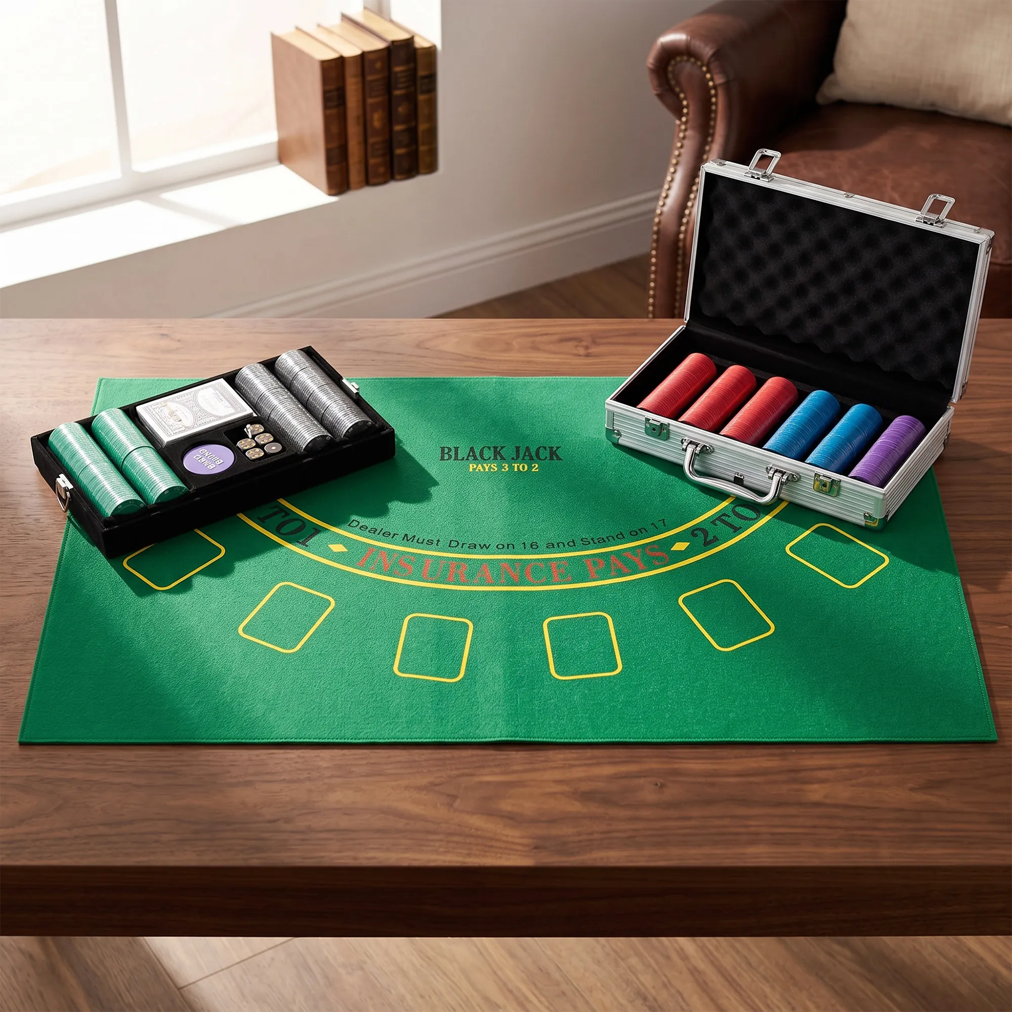Mallette de poker argentée 500 jetons numérotés – Tapis 90 × 60 cm, cartes, dés et accessoires – Bild 2