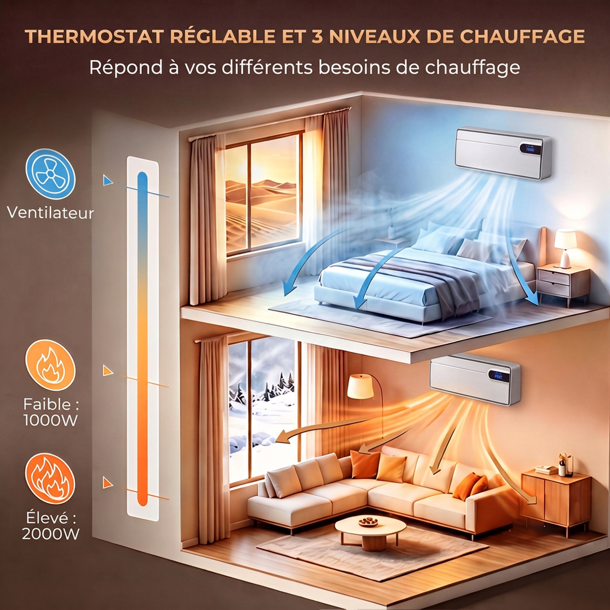 Chauffage soufflant mural connecté Wi-Fi 2000 W – Céramique PTC, Tuya, Alexa, Google Assistant et télécommande – Blanc – Bild 6