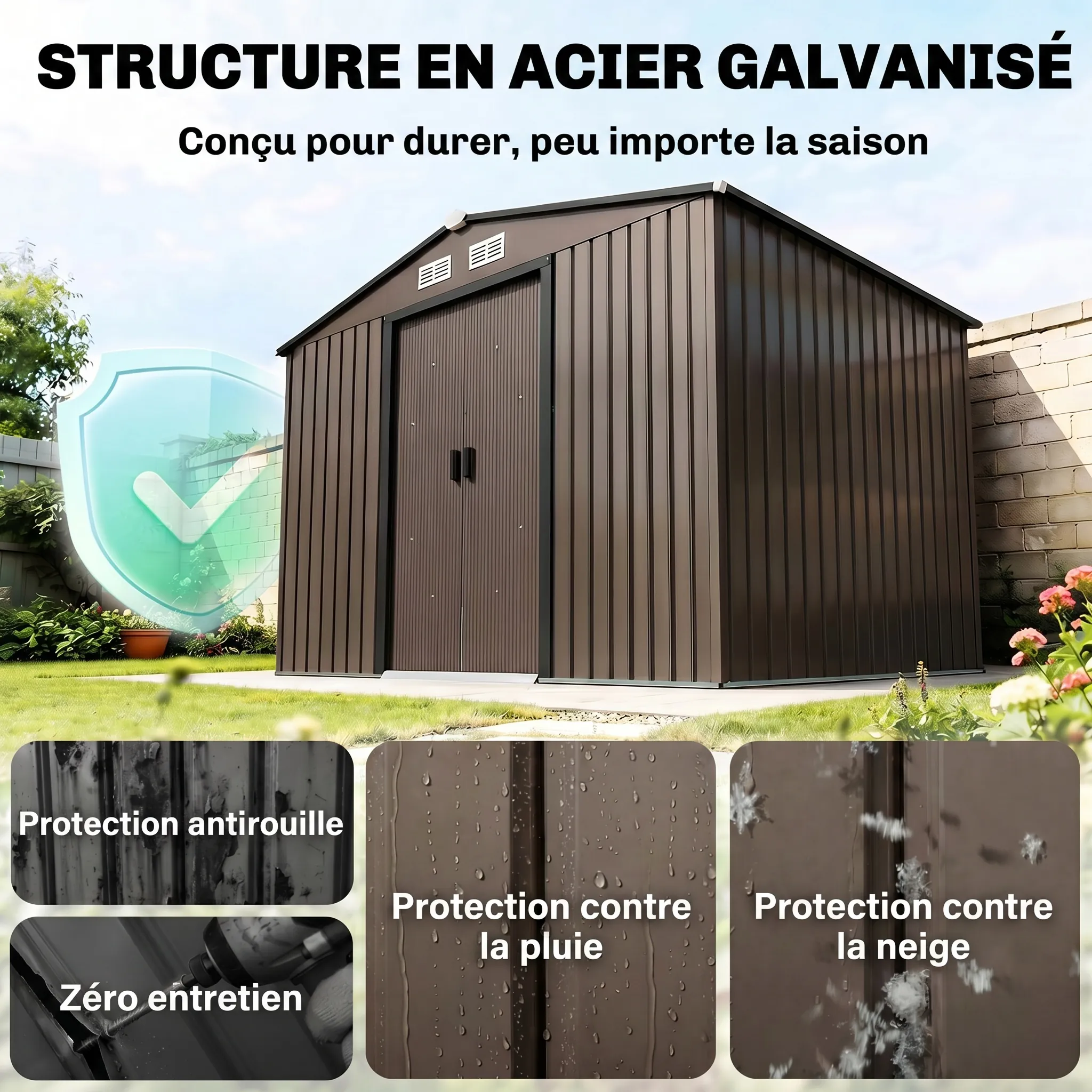 Abri de jardin en métal galvanisé 5,4 m² – Double porte coulissante, ventilation et kit de fondation – Marron – Bild 4