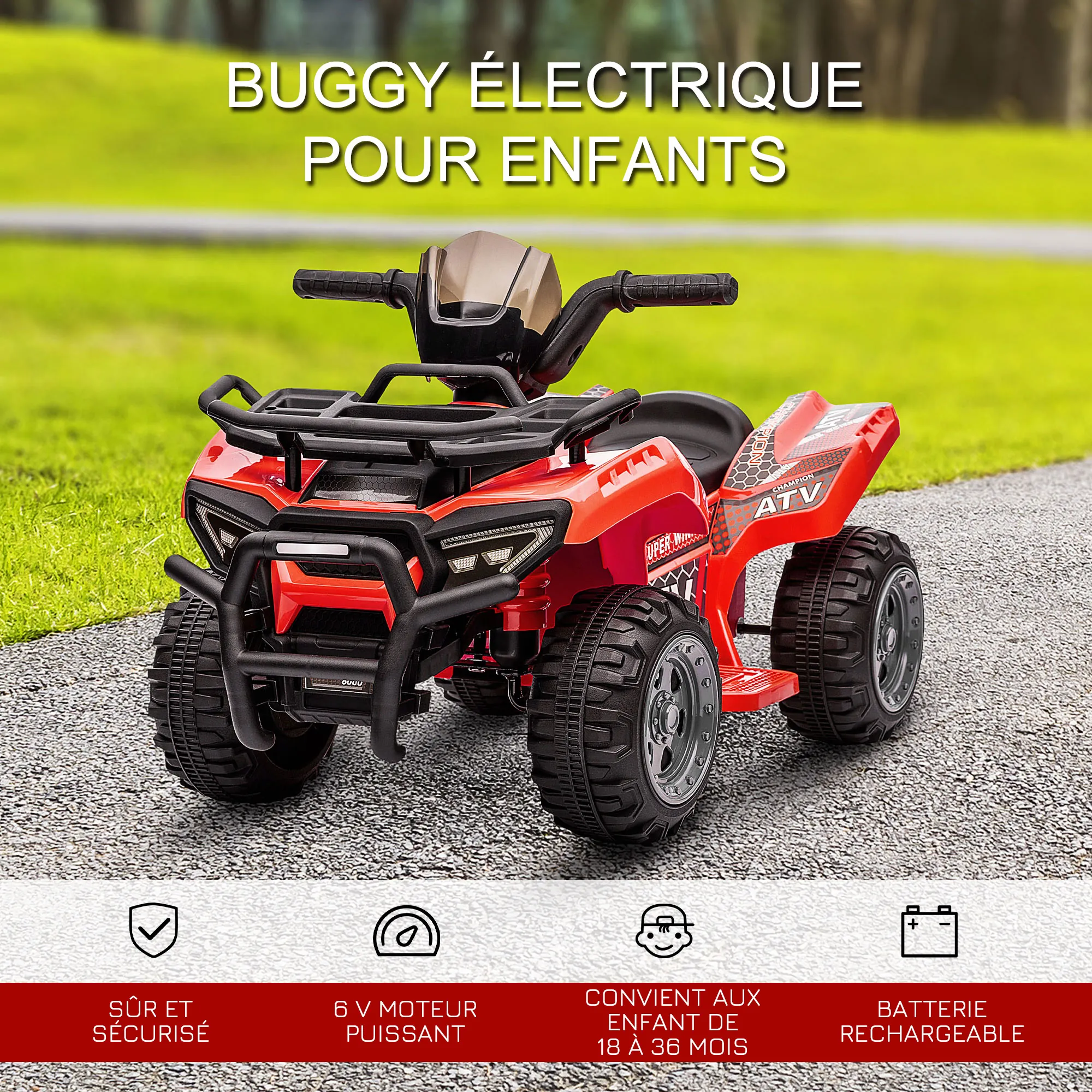 Quad Électrique Enfant Rouge 6 V – 18 à 36 Mois – 4 Roues – 2 km/h - Afbeelding 4