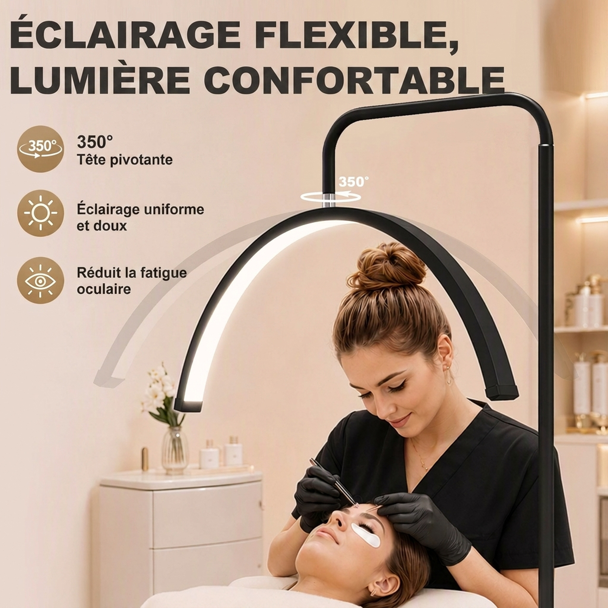 Lampadaire LED demi-lune rotative 350°, lampadaire sur pied salon dimmable 36 W, 7 températures de couleur, noir - Image 4