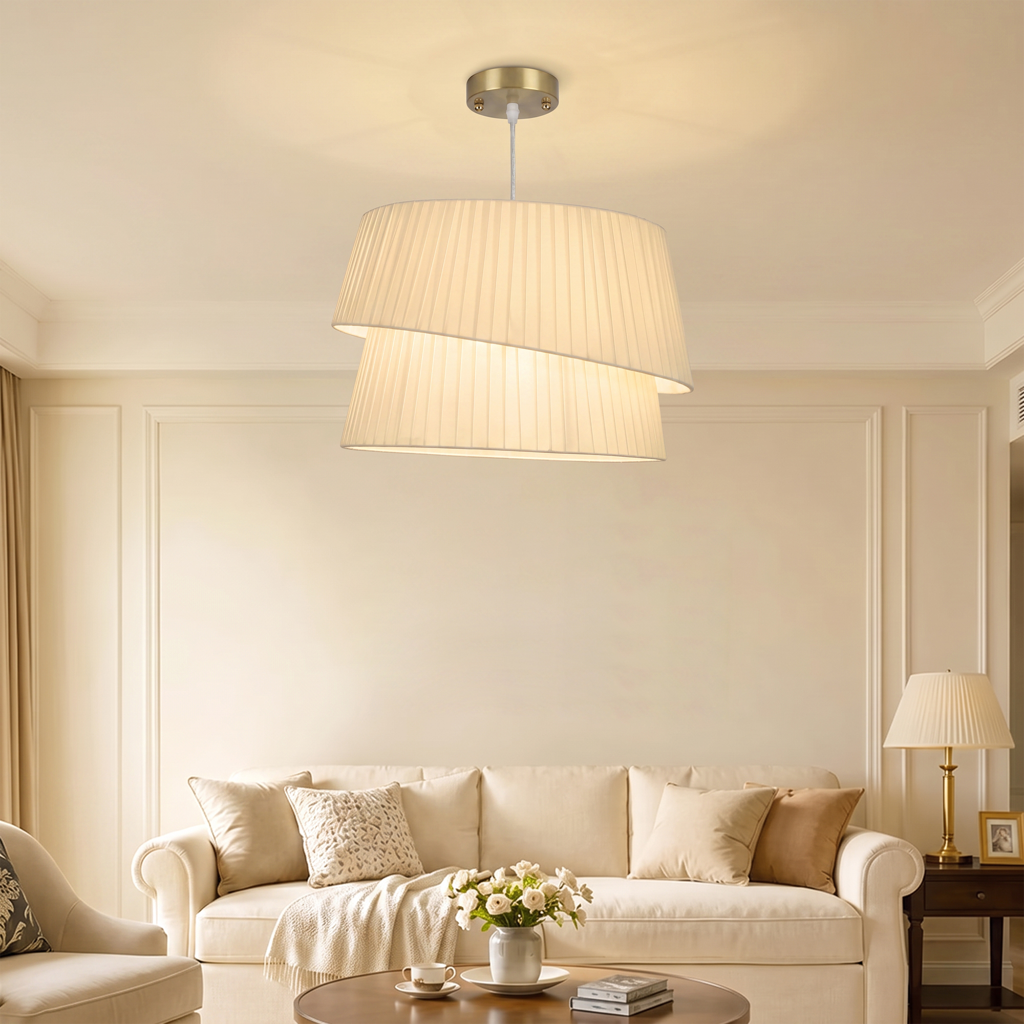 Suspension Luminaire Élégante à Double Abat-Jour, Rosace Dorée, Câble Réglable, Ampoule Non Incluse E14 40 W, Blanc - Image 9
