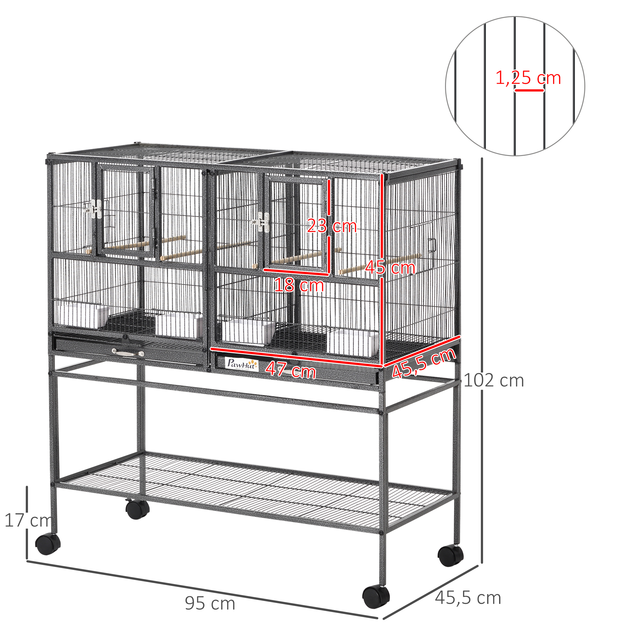Volière pour Oiseaux PawHut – Double Cage Modulable sur Roulettes – Noir & Gris - Image 3