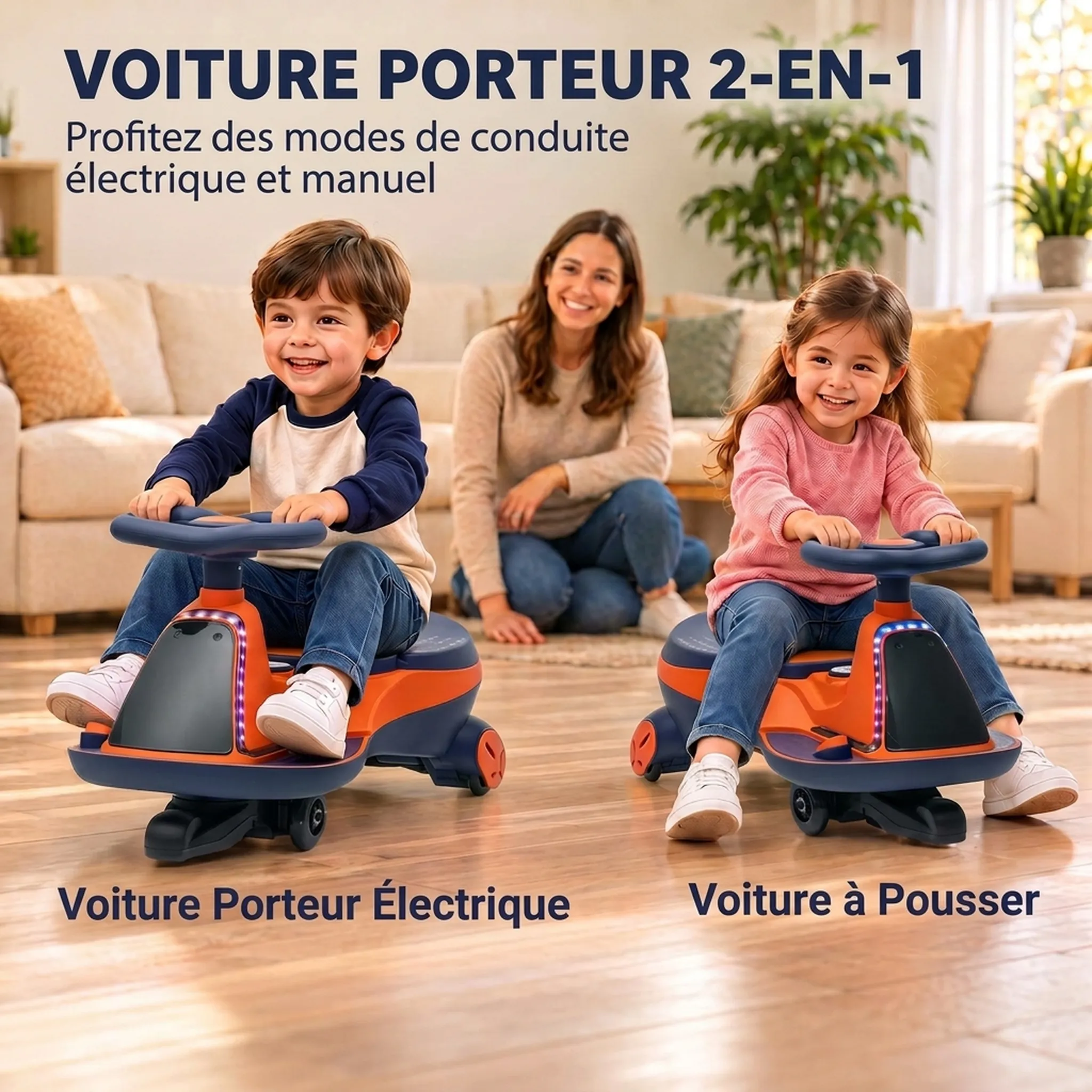 Voiture Électrique Enfant 2-en-1 12 V avec Lumières RGB & Musique – Orange - Image 4