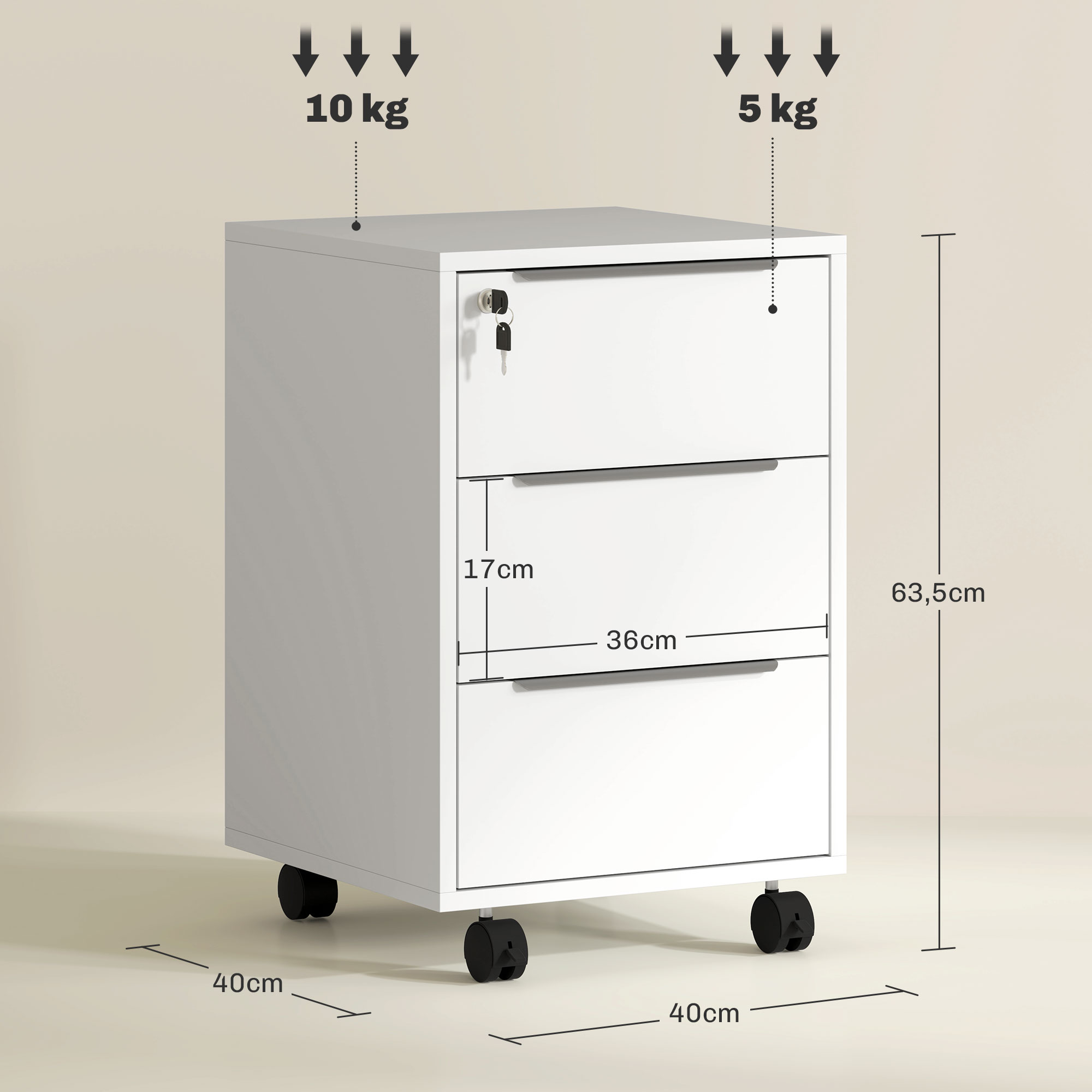 Caisson de Bureau Mobile 3 Tiroirs avec Serrure et Roulettes – Blanc - Image 3