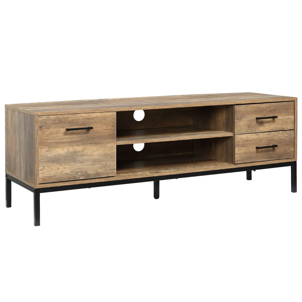 Meuble TV Industriel 132 cm – 2 Tiroirs, Placard & Niches – Marron et Noir
