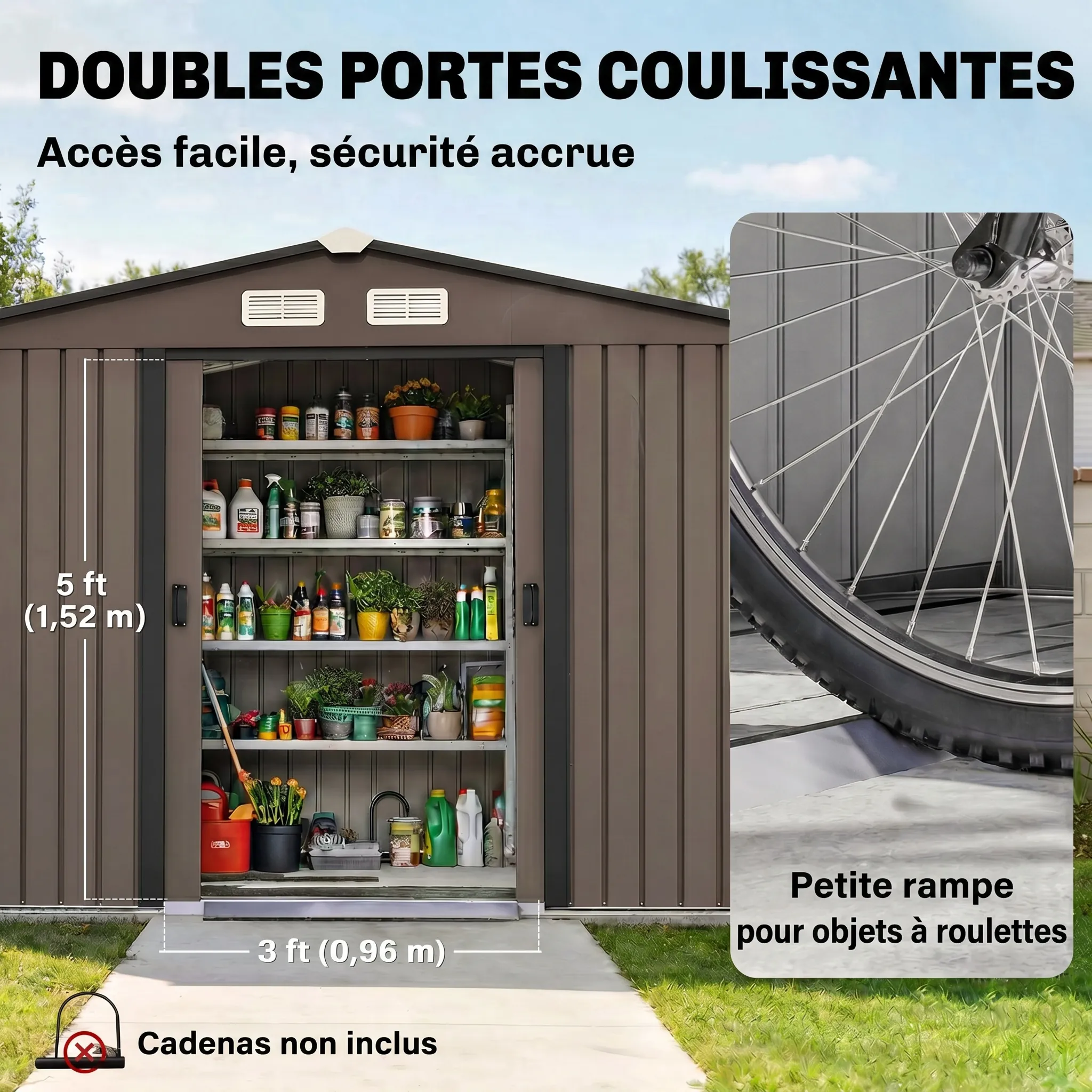 Abri de jardin en métal galvanisé 5,4 m² – Double porte coulissante, ventilation et kit de fondation – Marron – Bild 5