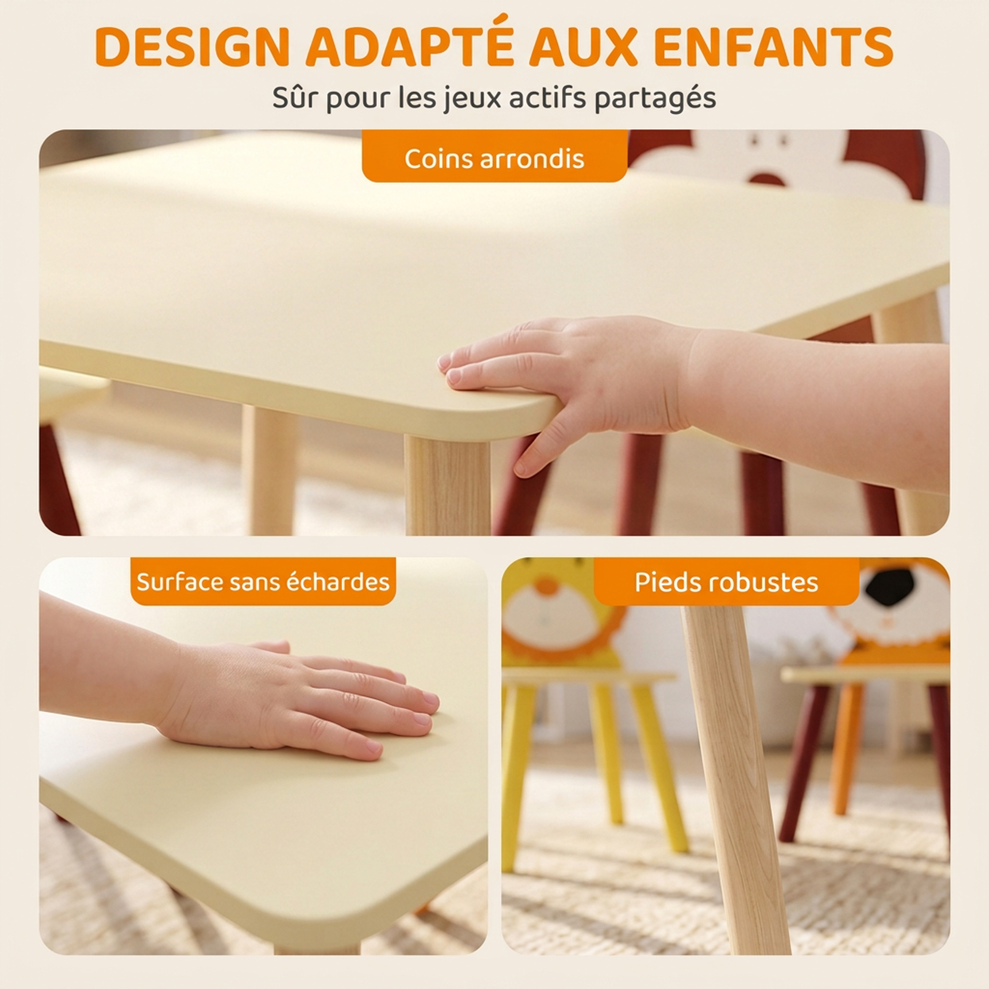 Table enfant avec 4 chaises animaux – Tigre, lion, singe et ours – Ensemble en bois coloré 3 à 8 ans - Image 7