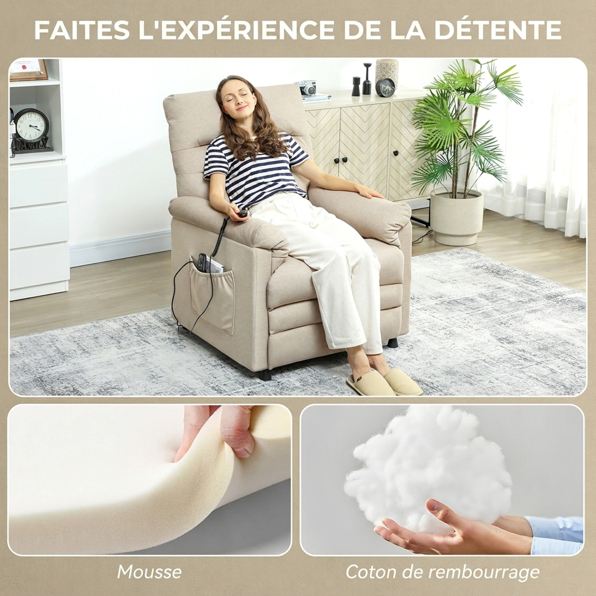 Fauteuil relax électrique massant beige – Inclinaison 150°, massage 8 points, chauffage lombaire et mémoire 2 positions – Bild 8