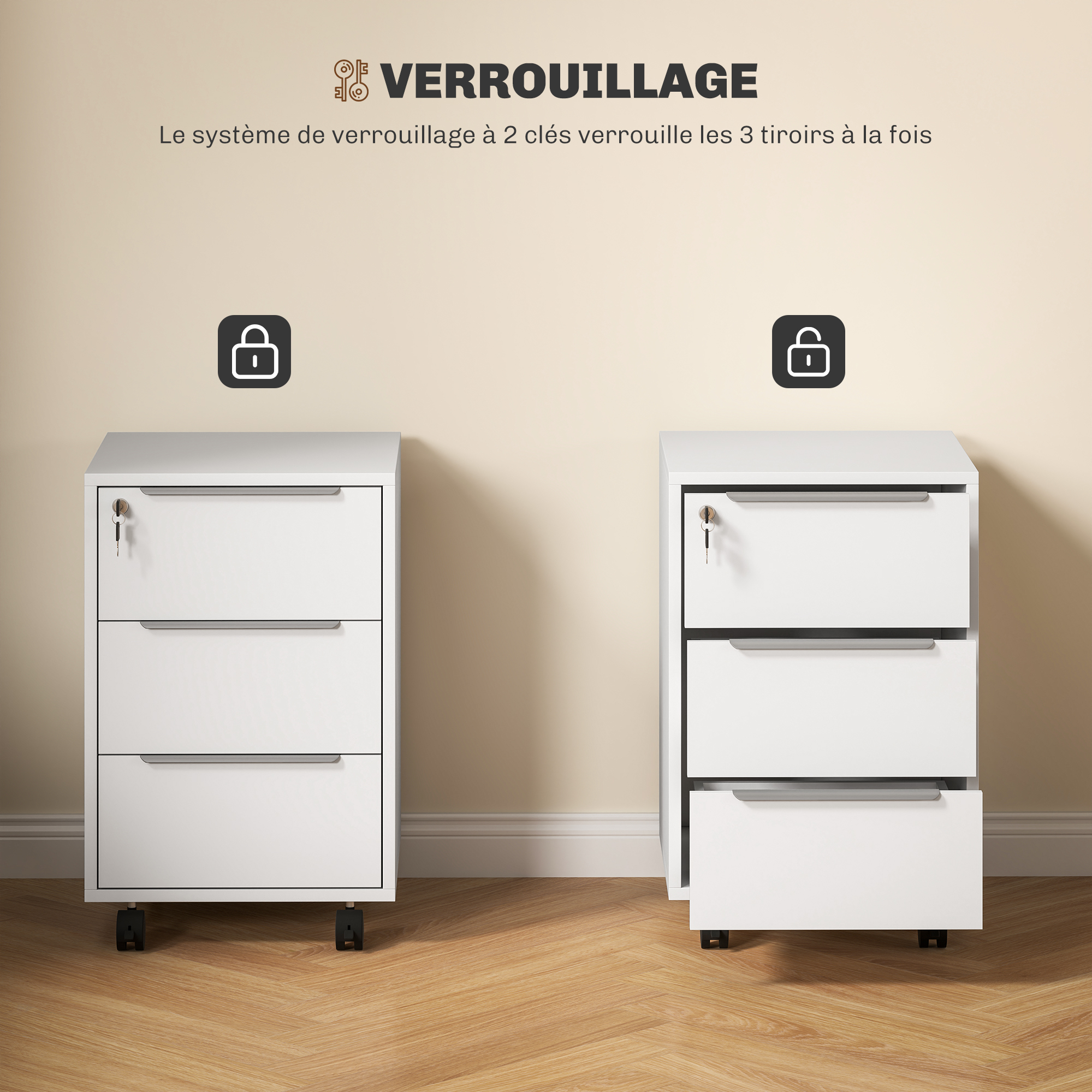 Caisson de Bureau Mobile 3 Tiroirs avec Serrure et Roulettes – Blanc - Image 7