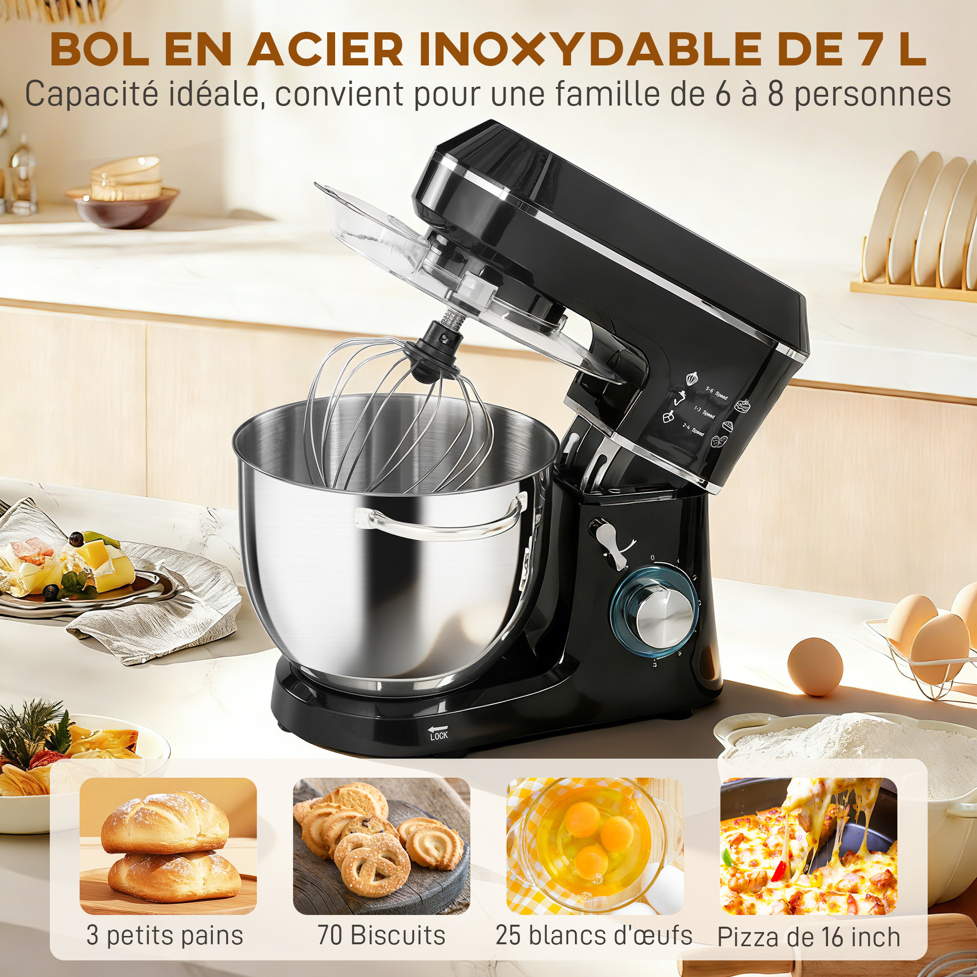 Robot Pâtissier 1400 W – Bol Inox 7 L, 6 Vitesses & Accessoires – Noir - Image 5