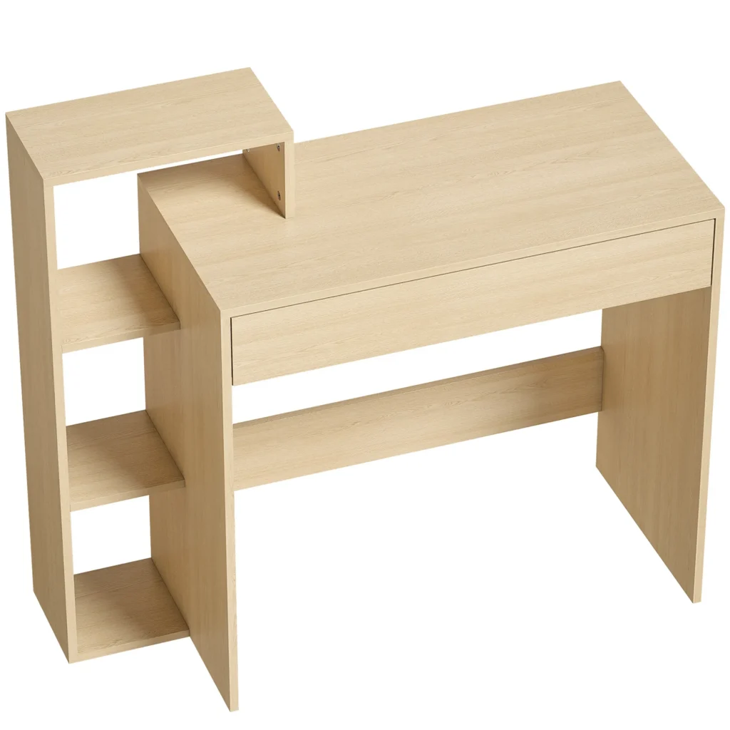 Bureau informatique compact 100 cm avec 3 étagères et tiroir – Bois naturel