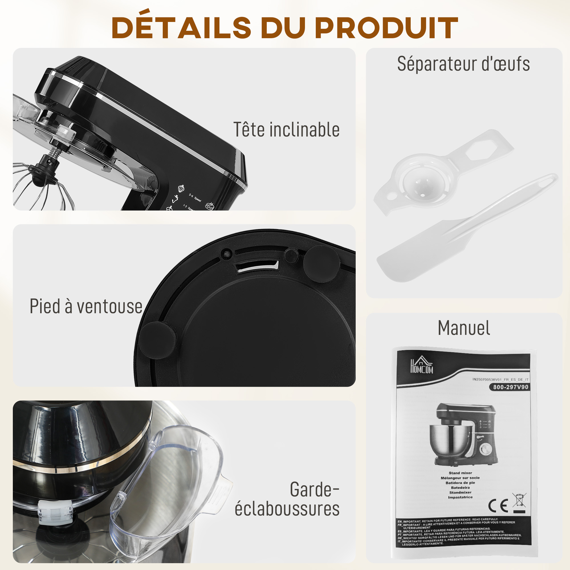 Robot Pâtissier 1400 W – Bol Inox 7 L, 6 Vitesses & Accessoires – Noir - Image 7