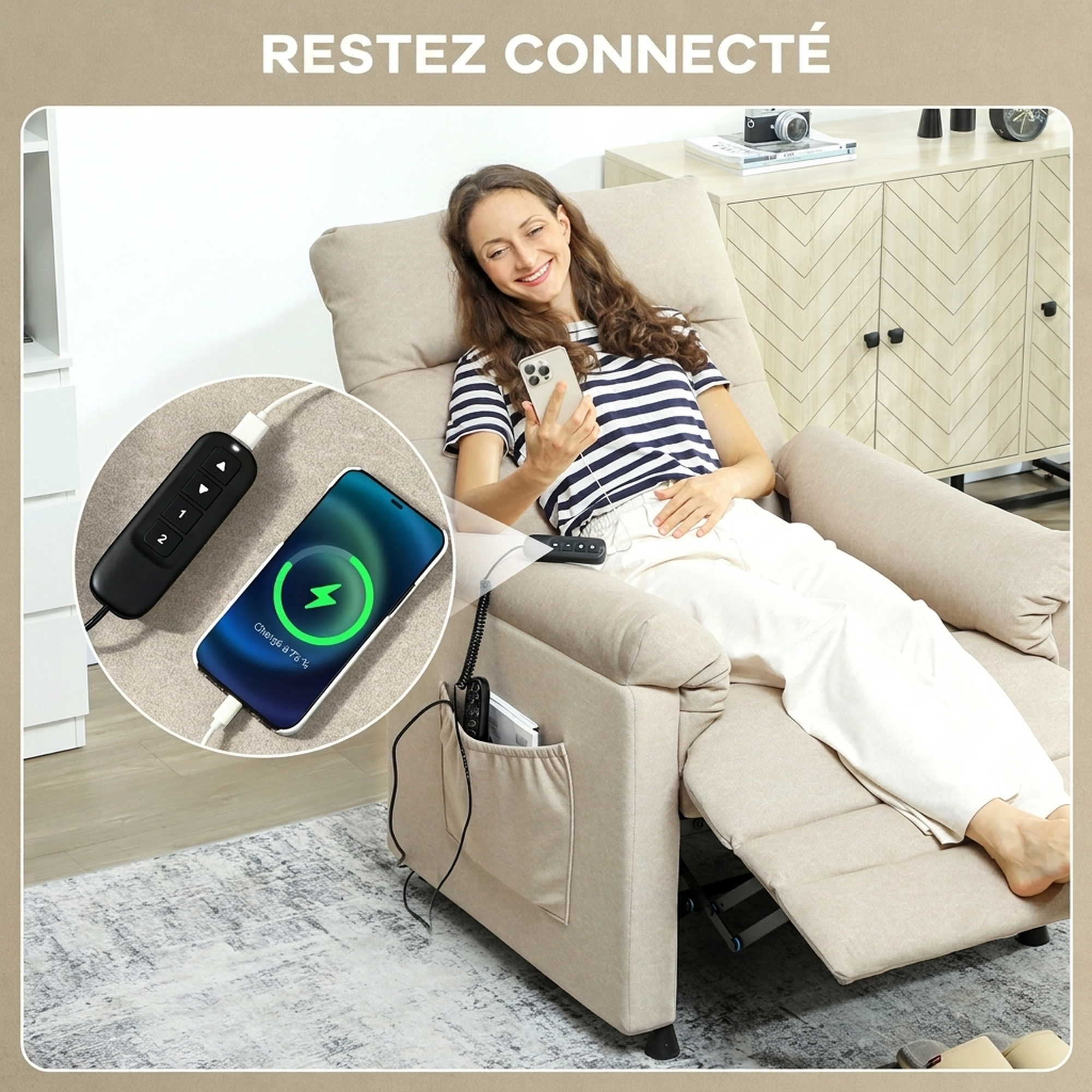 Fauteuil relax électrique massant beige – Inclinaison 150°, massage 8 points, chauffage lombaire et mémoire 2 positions – Bild 9