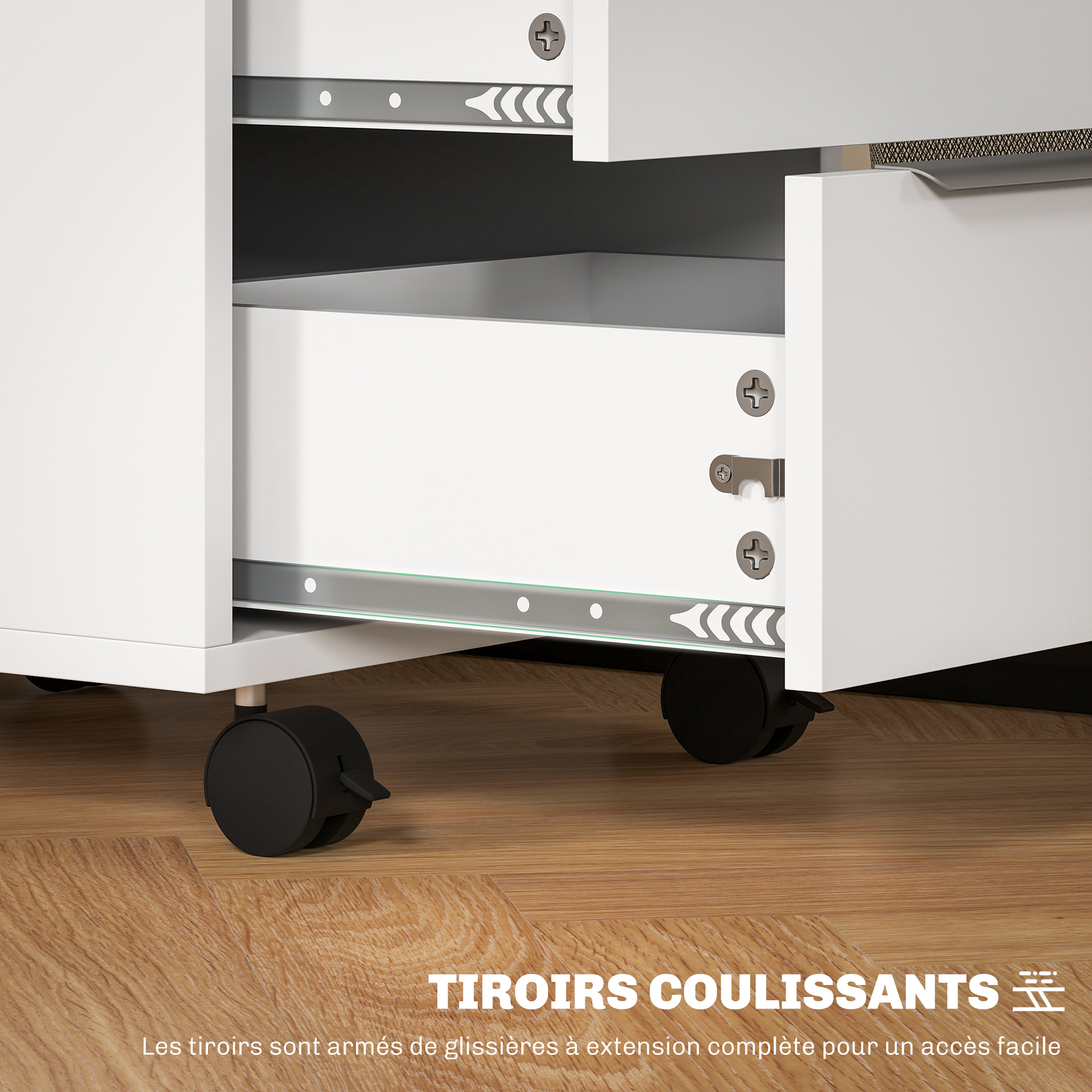 Caisson de Bureau Mobile 3 Tiroirs avec Serrure et Roulettes – Blanc - Image 6