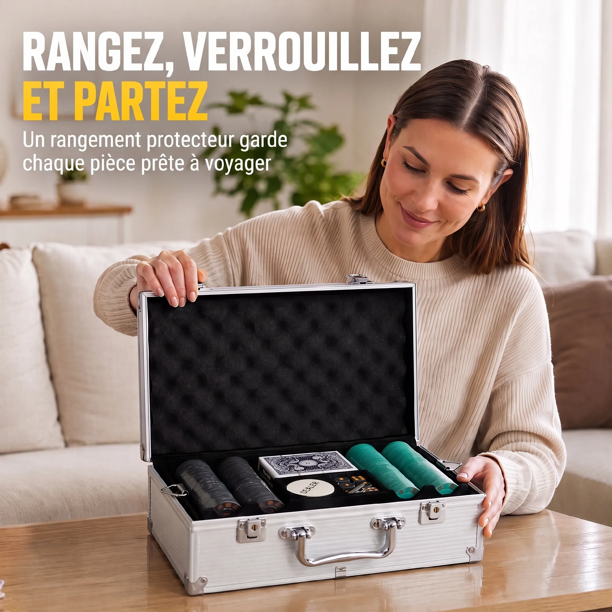 Mallette de poker argentée 500 jetons numérotés – Tapis 90 × 60 cm, cartes, dés et accessoires – Bild 7