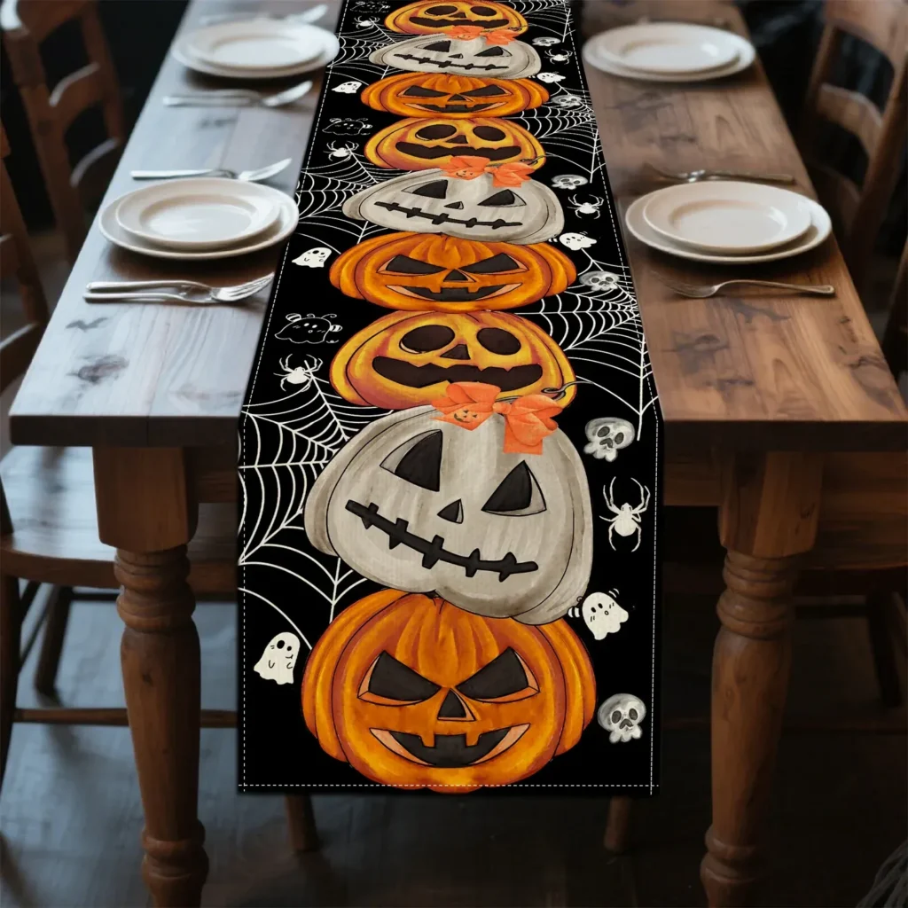 Chemin de Table Halloween Citrouilles, Chauves-Souris & Crânes – 33 × 183 cm