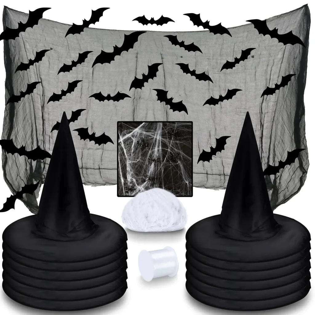 Kit Décoration Halloween Chapeaux de Sorcière, Toile d’Araignée & Chauves-Souris 3D