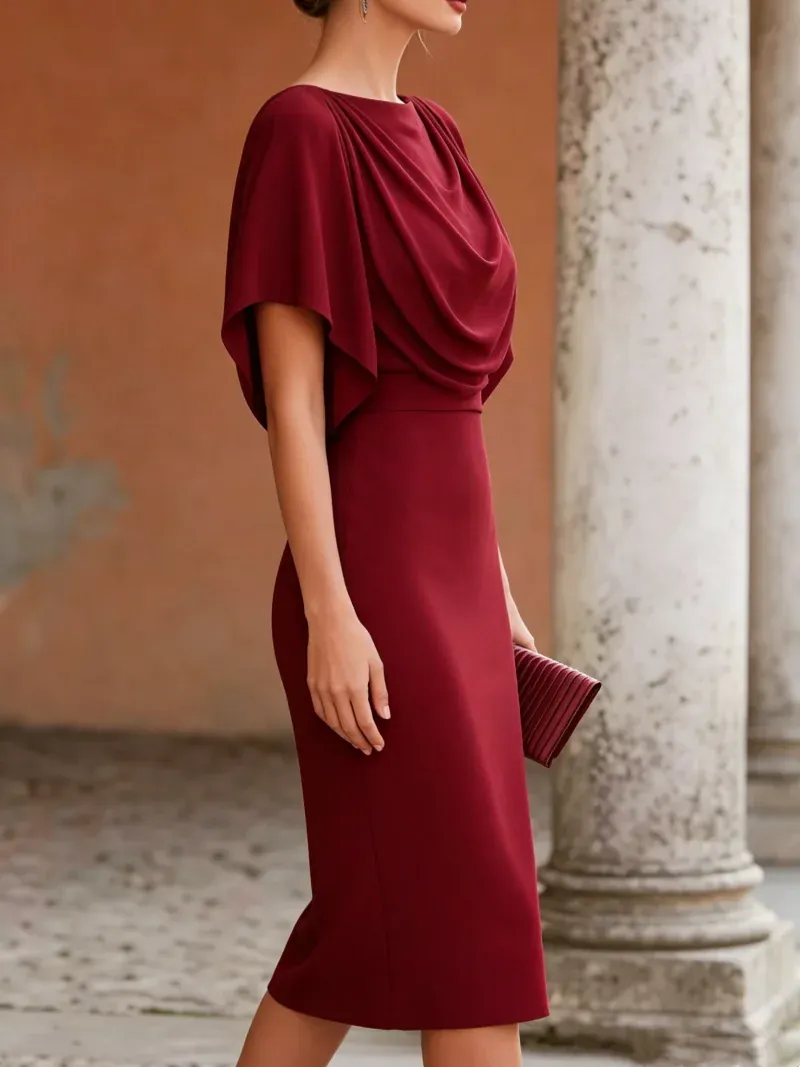Robe Midi Femme Élégante – Col Drapé Effet Cape – Manches Courtes – Soirée et Cocktail - Image 2