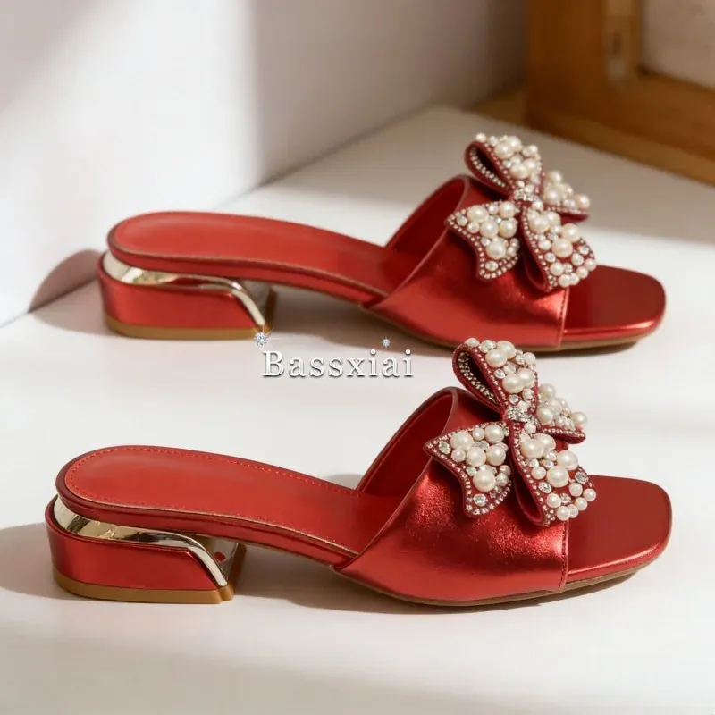Mules Femme Rouges à Fleurs et Perles Décoratives – Été - Image 6