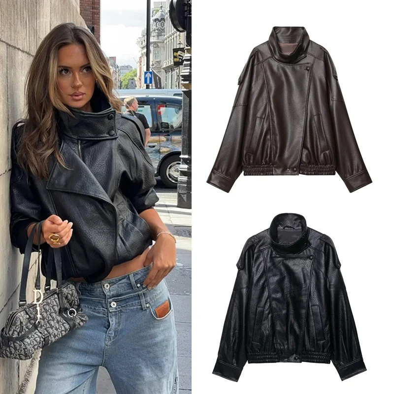 Veste Femme Noire Effet Cuir – Col Montant – Style Urbain