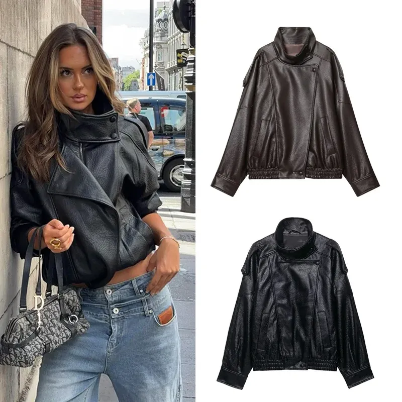 Veste Femme Noire Effet Cuir – Col Montant – Style Urbain