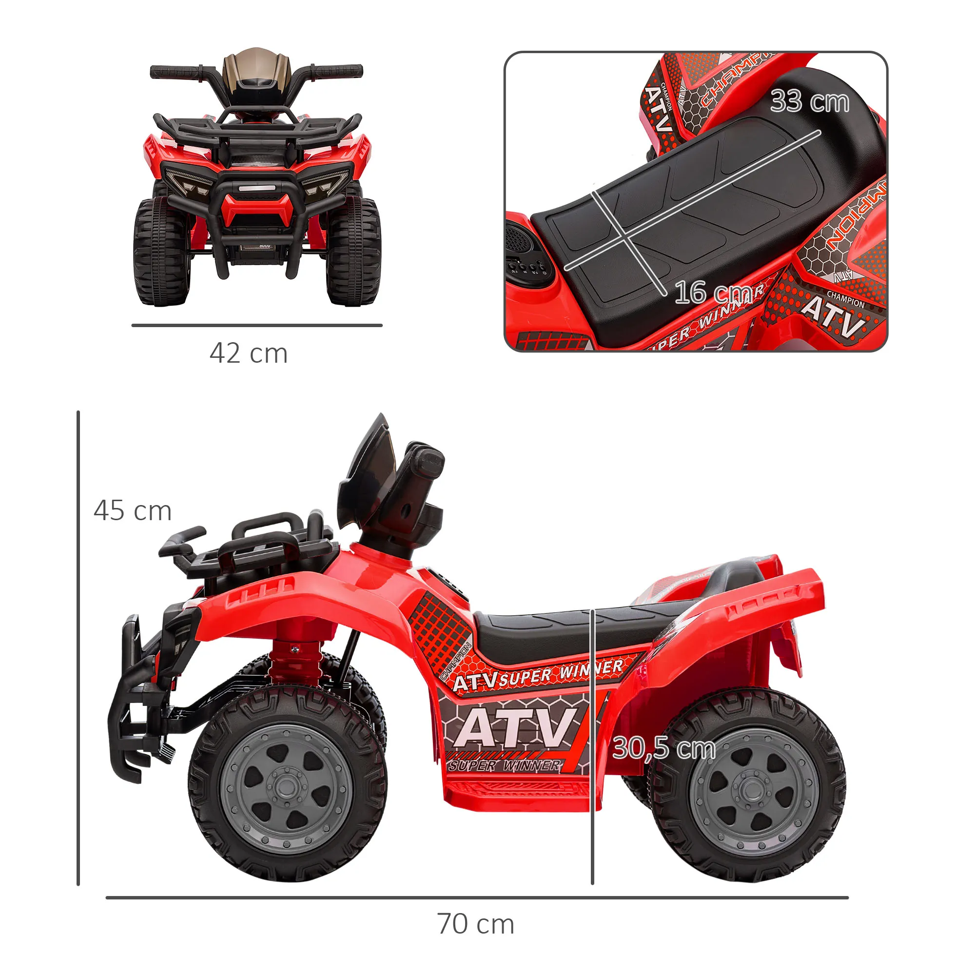 Quad Électrique Enfant Rouge 6 V – 18 à 36 Mois – 4 Roues – 2 km/h - Afbeelding 3