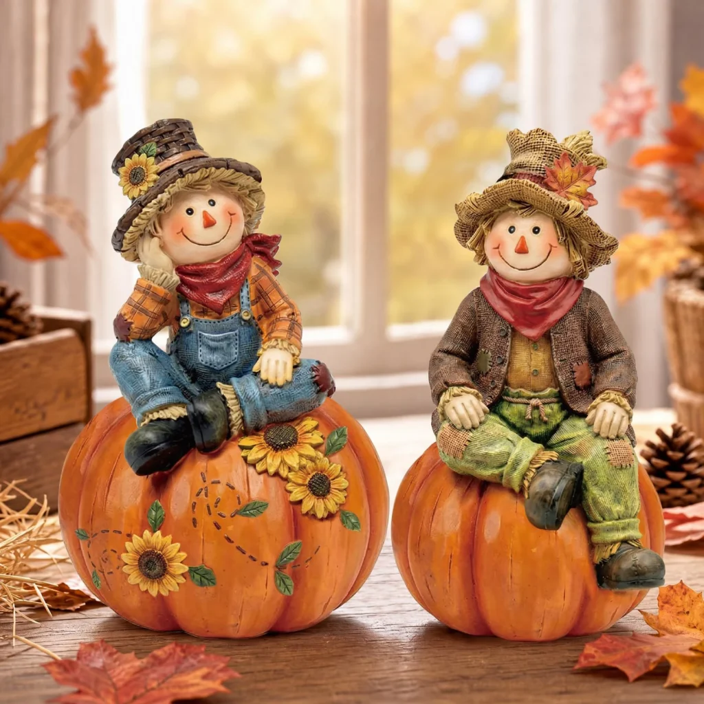 Décorations de Table Automne Épouvantails & Citrouilles en Bois – Lot Assorti