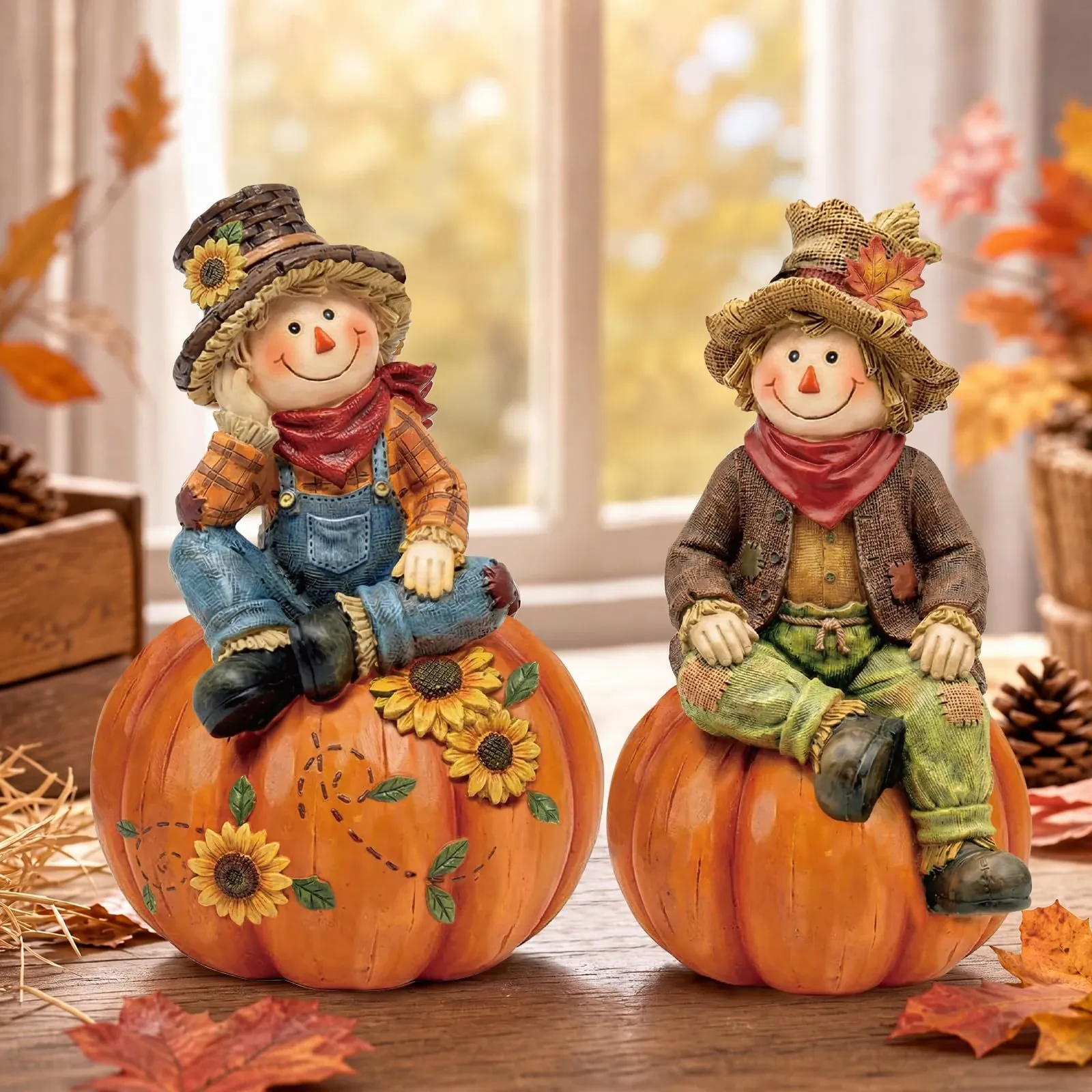 Décorations de Table Automne Épouvantails & Citrouilles en Bois – Lot Assorti