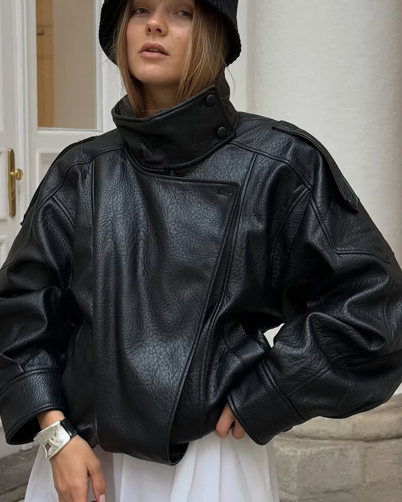 Veste Femme Noire Effet Cuir – Col Montant – Style Urbain - Afbeelding 5