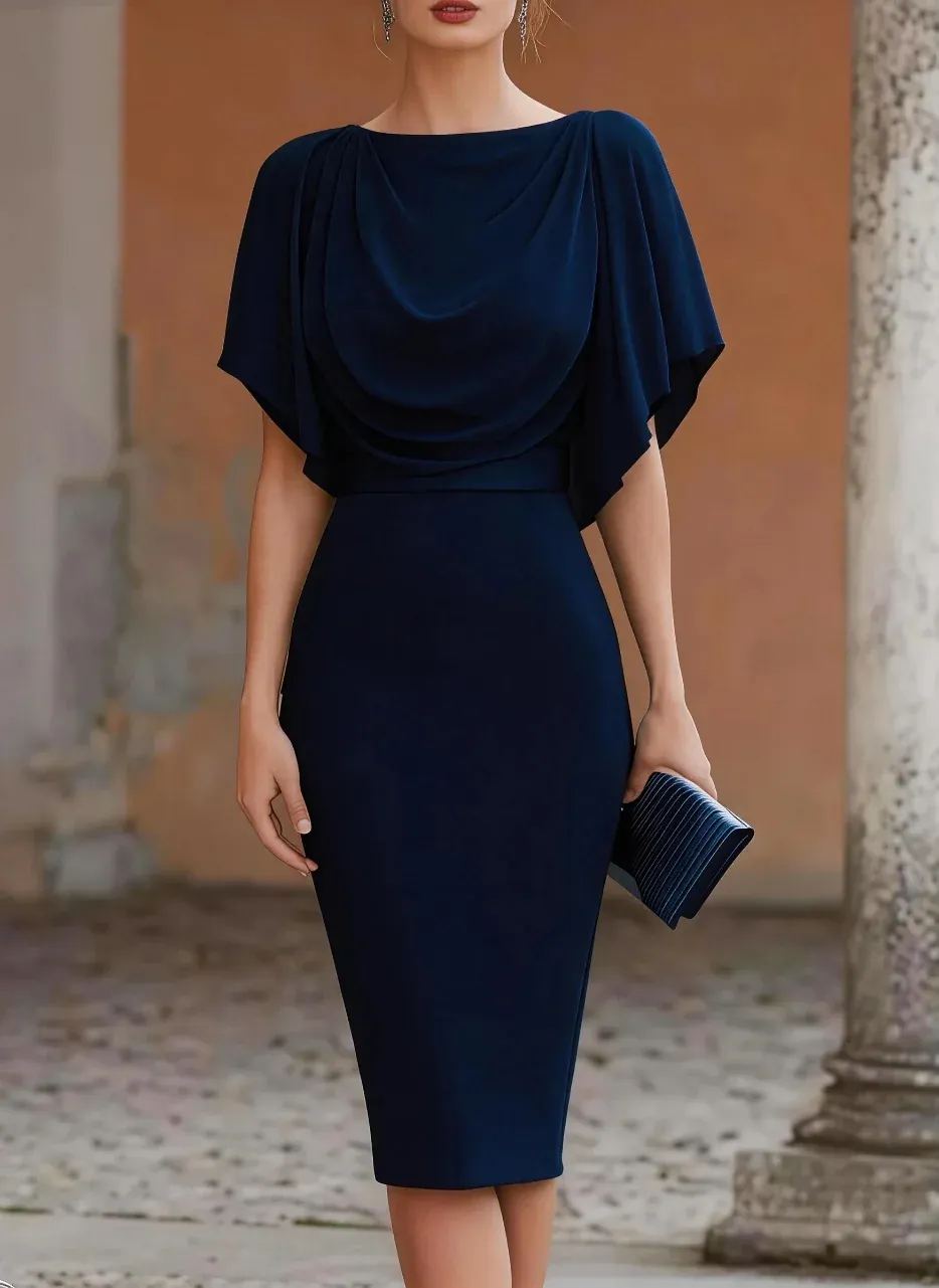 Robe Midi Femme Élégante – Col Drapé Effet Cape – Manches Courtes – Soirée et Cocktail - Image 4