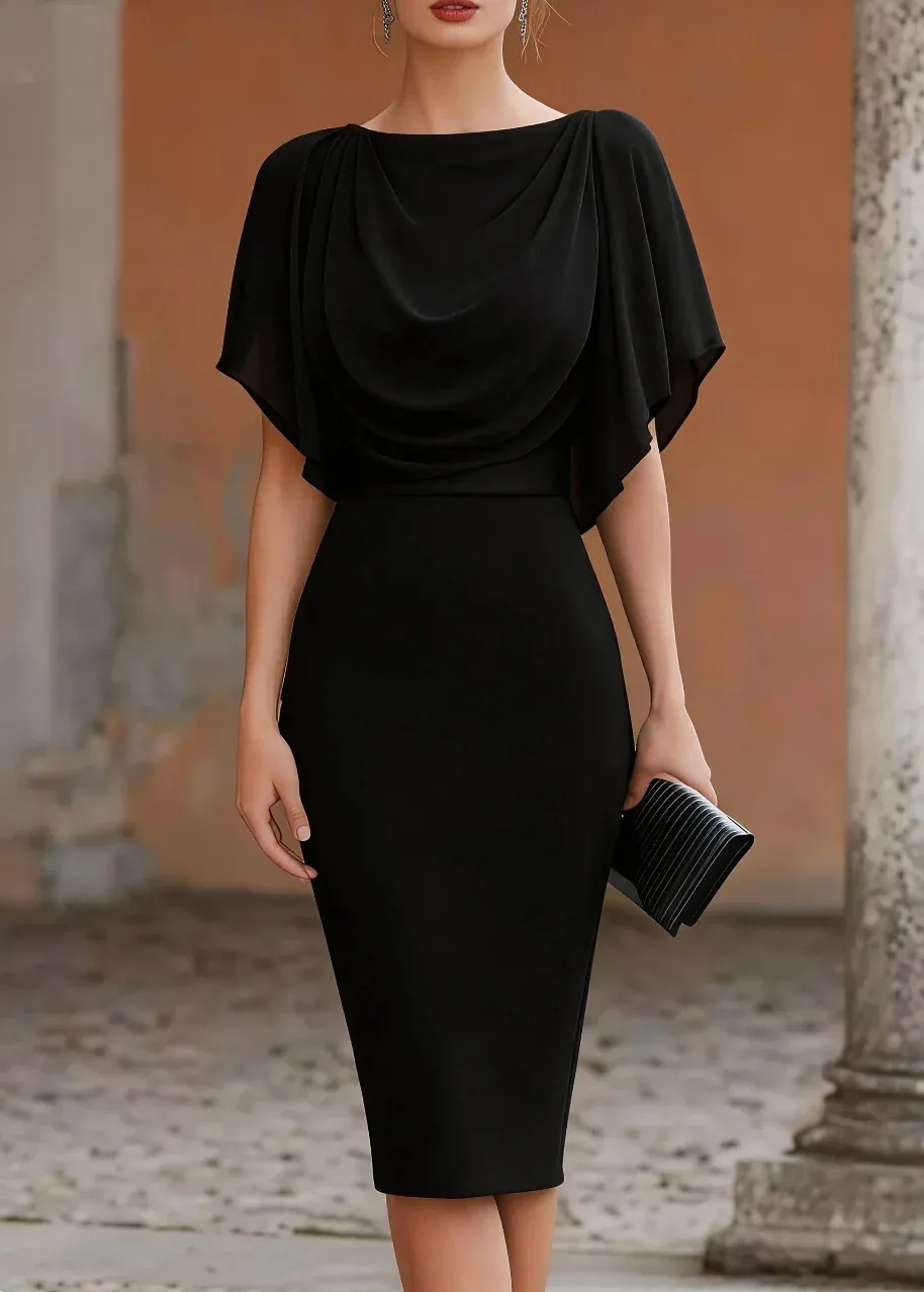 Robe Midi Femme Élégante – Col Drapé Effet Cape – Manches Courtes – Soirée et Cocktail - Image 5