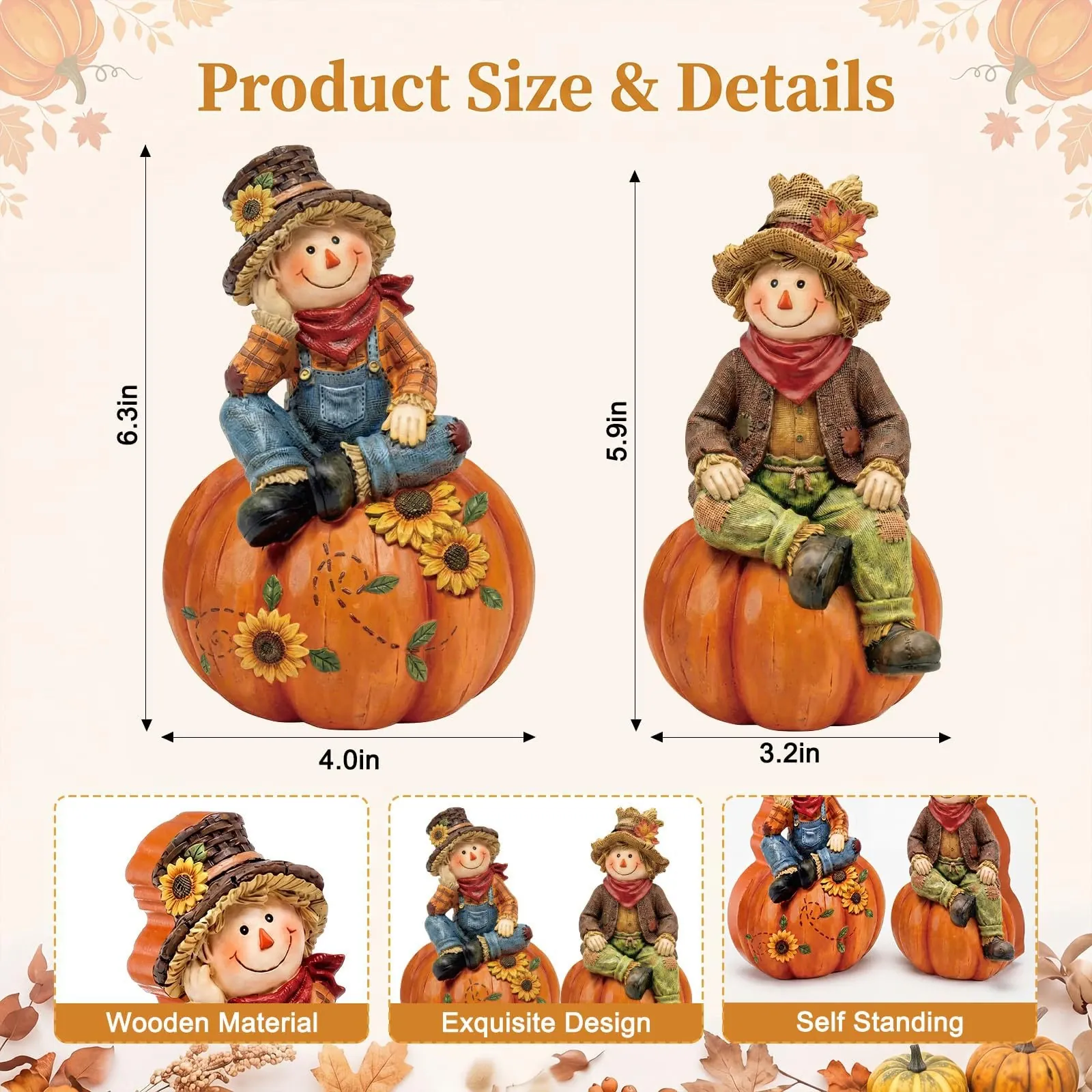 Décorations de Table Automne Épouvantails & Citrouilles en Bois – Lot Assorti - Image 6