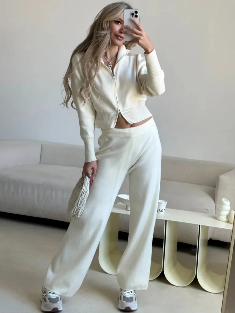 Ensemble Femme en Maille 2 Pièces – Gilet Zippé et Pantalon Large – Bornladies