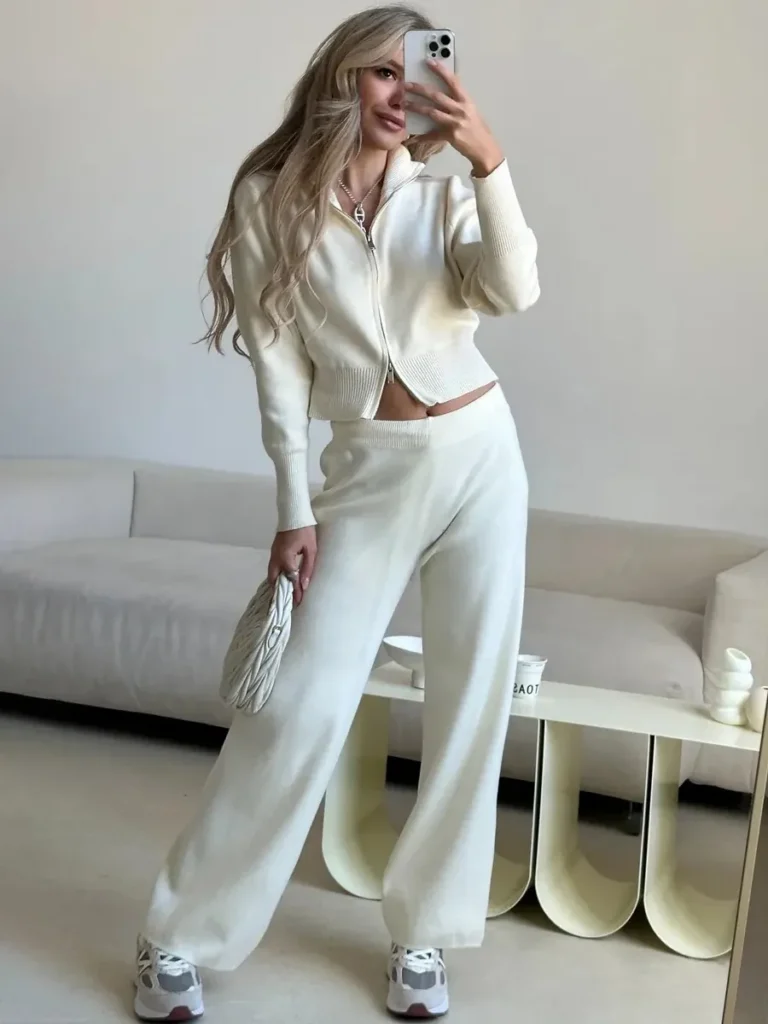 Ensemble Femme en Maille 2 Pièces – Gilet Zippé et Pantalon Large – Bornladies