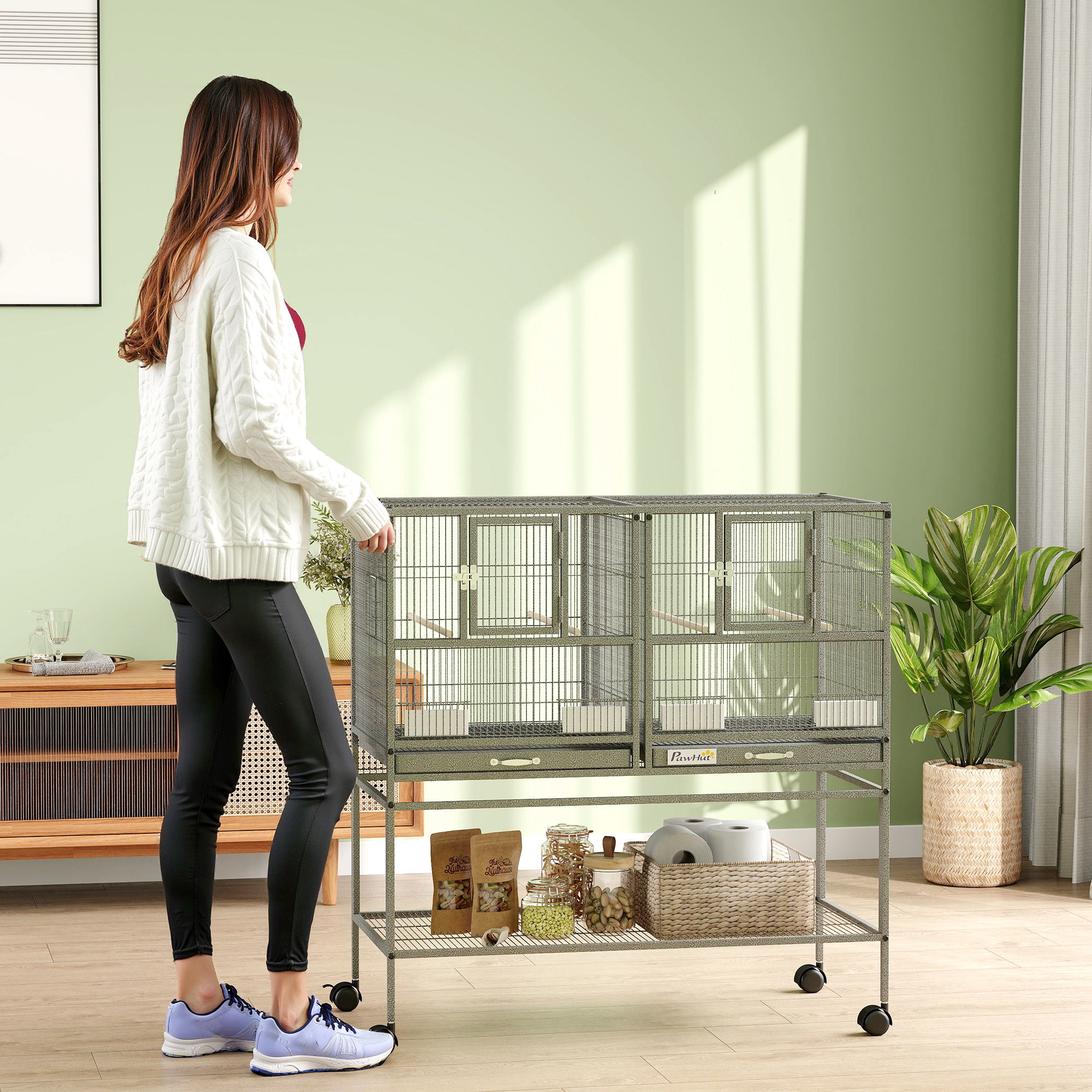 Volière pour Oiseaux PawHut – Double Cage Modulable sur Roulettes – Noir & Gris - Image 8