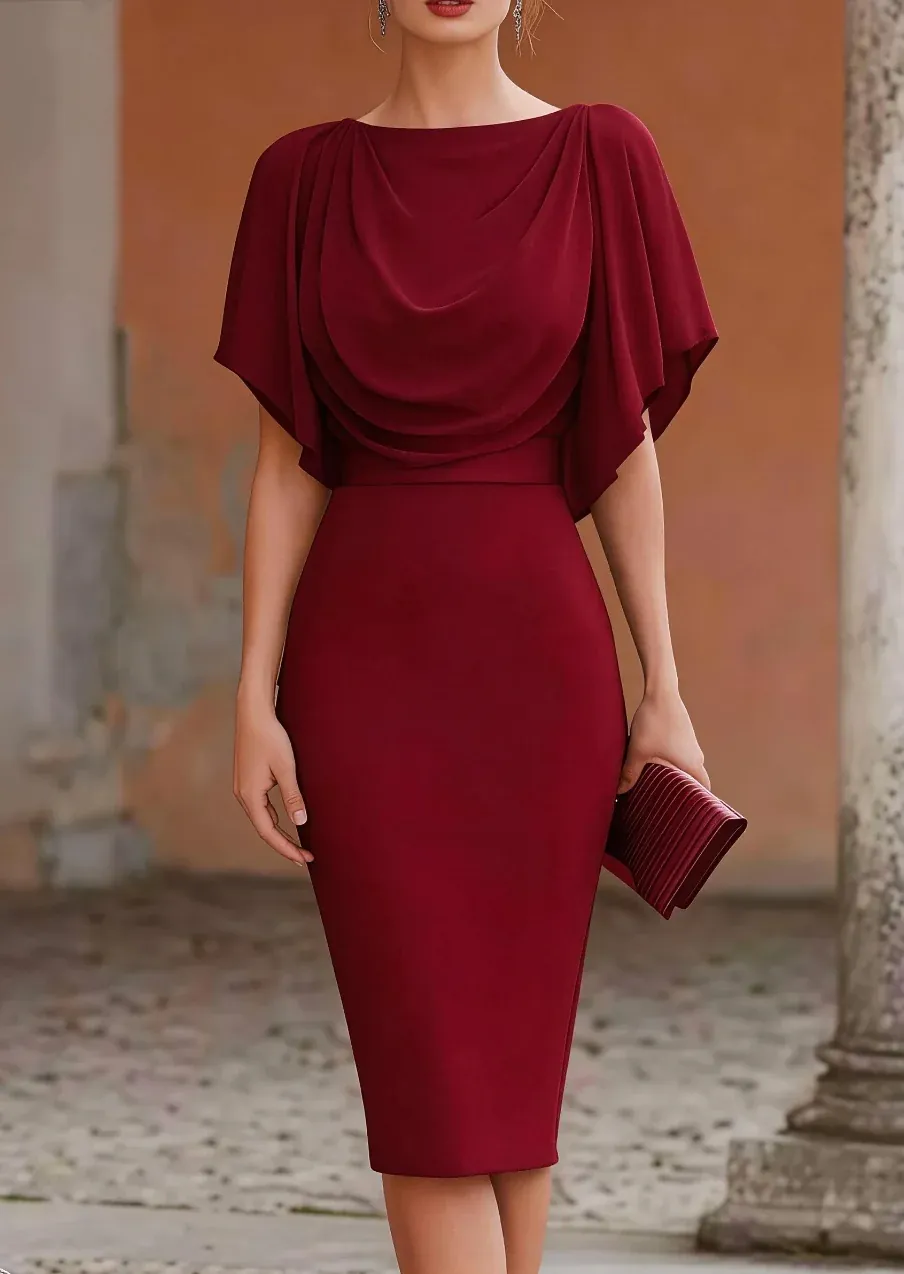 Robe Midi Femme Élégante – Col Drapé Effet Cape – Manches Courtes – Soirée et Cocktail