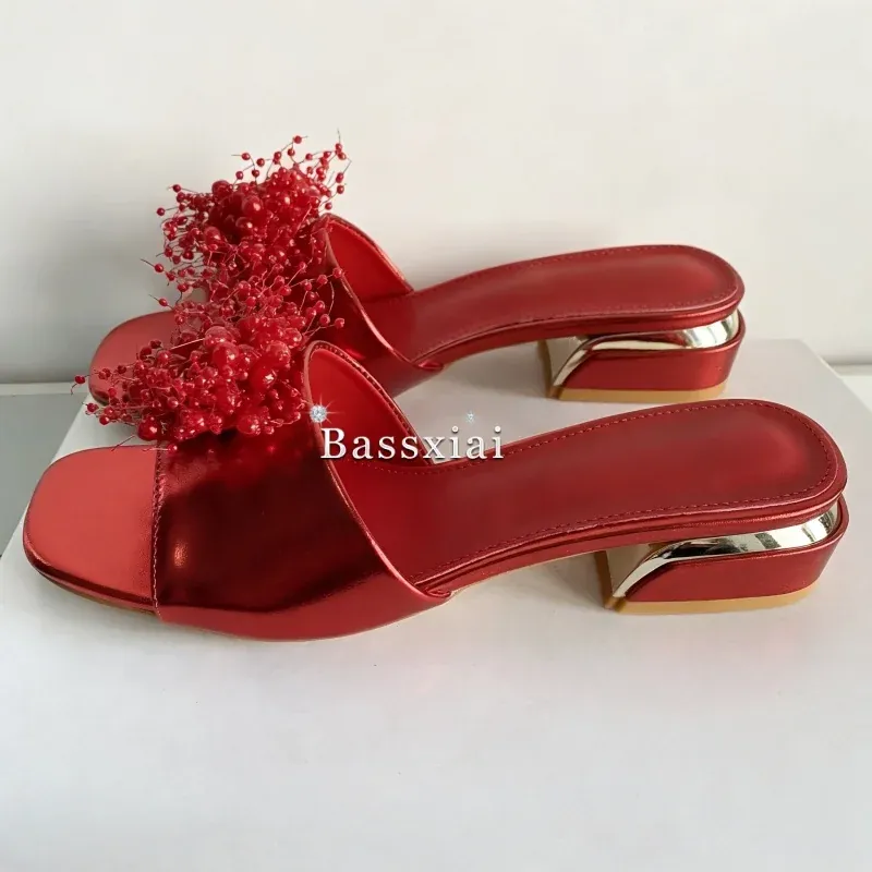 Mules Femme Rouges à Fleurs et Perles Décoratives – Été - Image 5