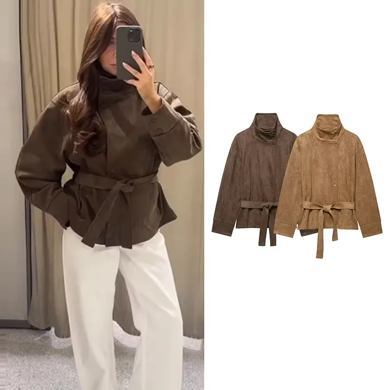 Veste Femme Automne à Ceinture – Col Montant – Beige ou Marron
