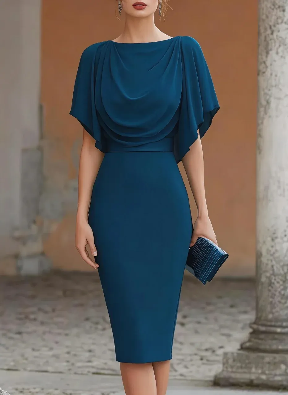 Robe Midi Femme Élégante – Col Drapé Effet Cape – Manches Courtes – Soirée et Cocktail - Image 6