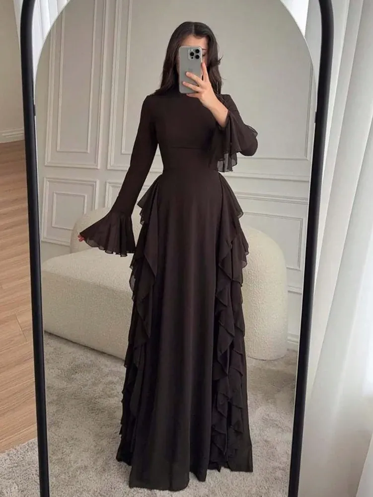 Robe Longue Femme Élégante – Taille Haute et Manches Évasées – Plusieurs Coloris