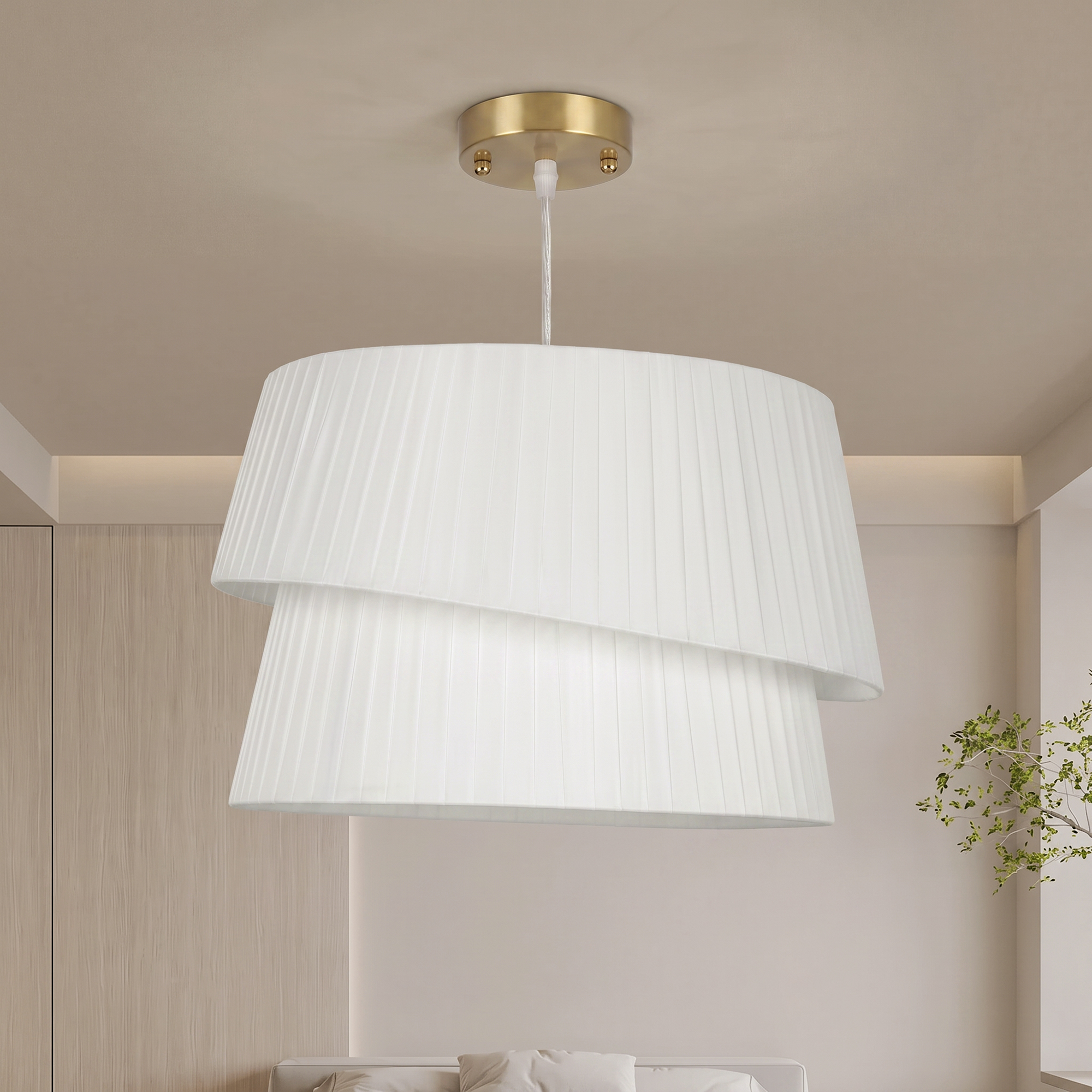 Suspension Luminaire Élégante à Double Abat-Jour, Rosace Dorée, Câble Réglable, Ampoule Non Incluse E14 40 W, Blanc - Image 2