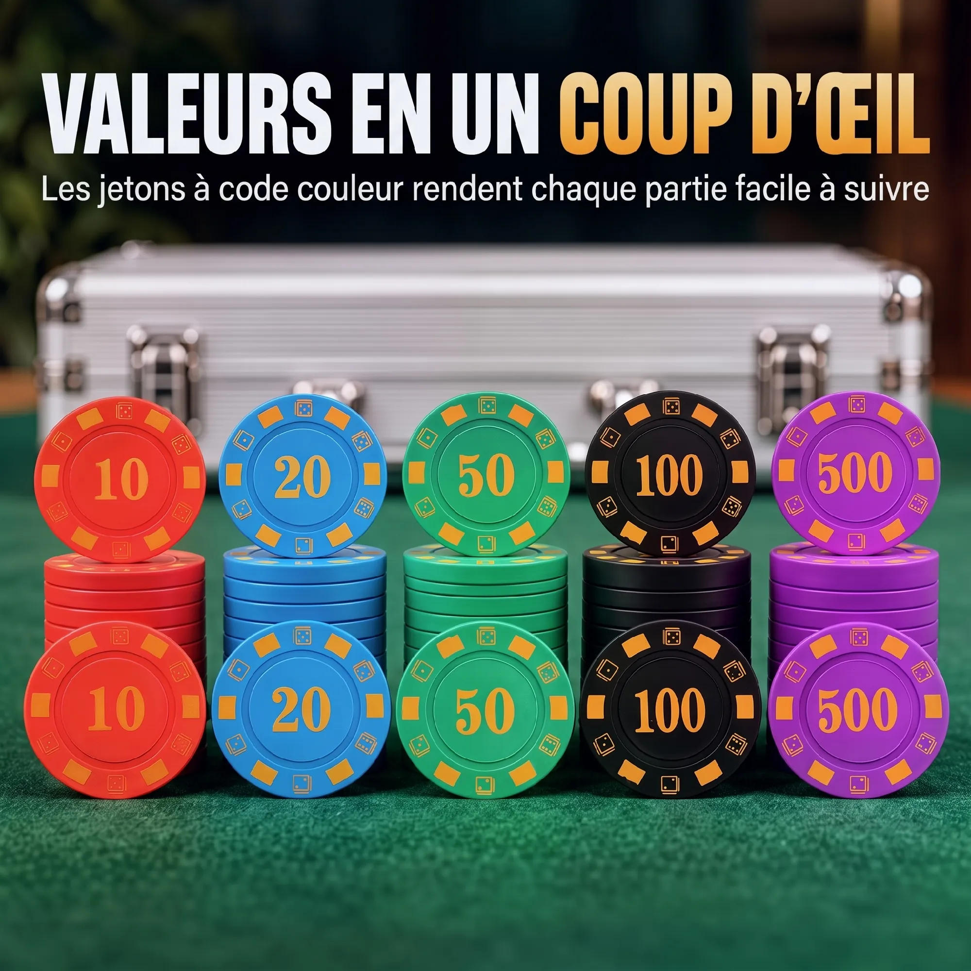 Mallette de poker argentée 500 jetons numérotés – Tapis 90 × 60 cm, cartes, dés et accessoires – Bild 5