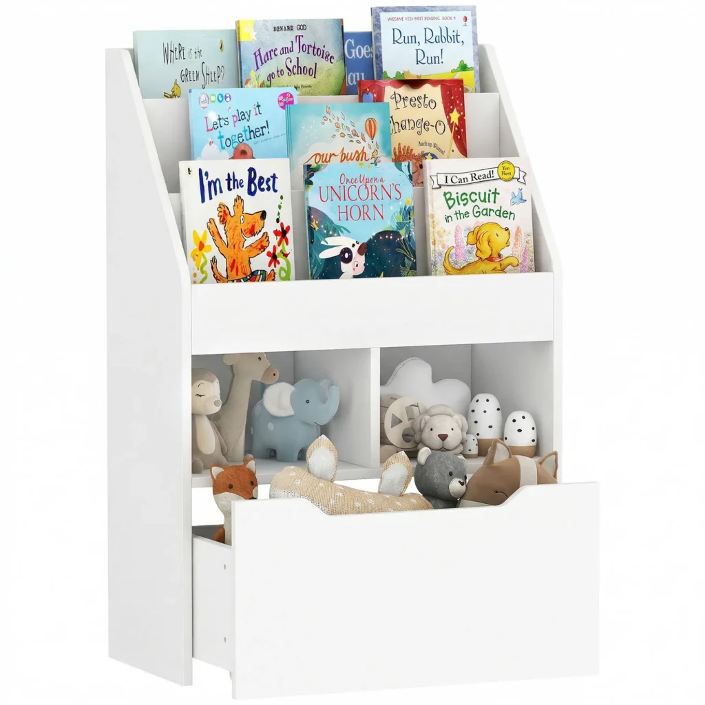 Bibliothek Enfant Blanche 90 cm – 3 Regale, 2 Nischen und Schublade