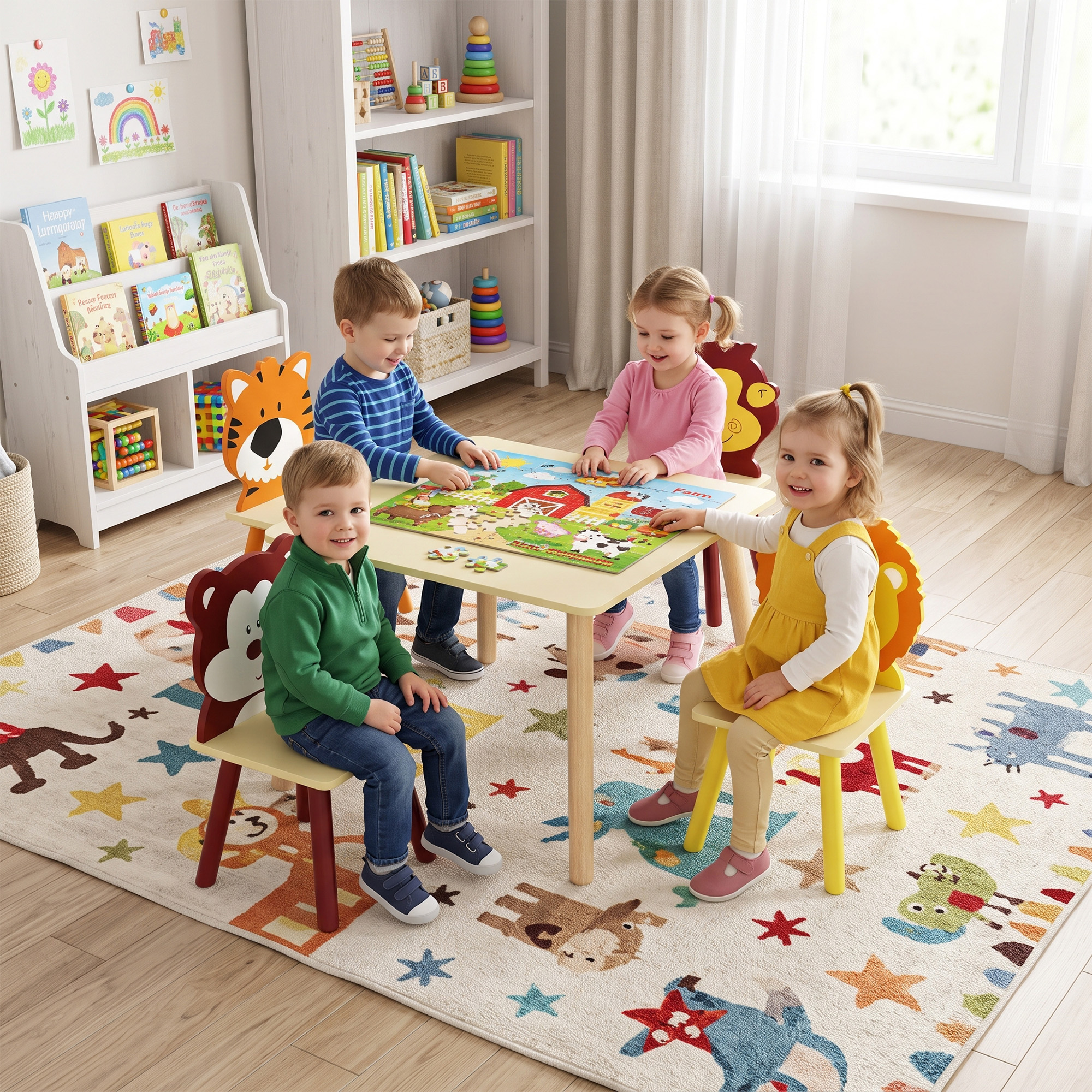 Table enfant avec 4 chaises animaux – Tigre, lion, singe et ours – Ensemble en bois coloré 3 à 8 ans - Image 10