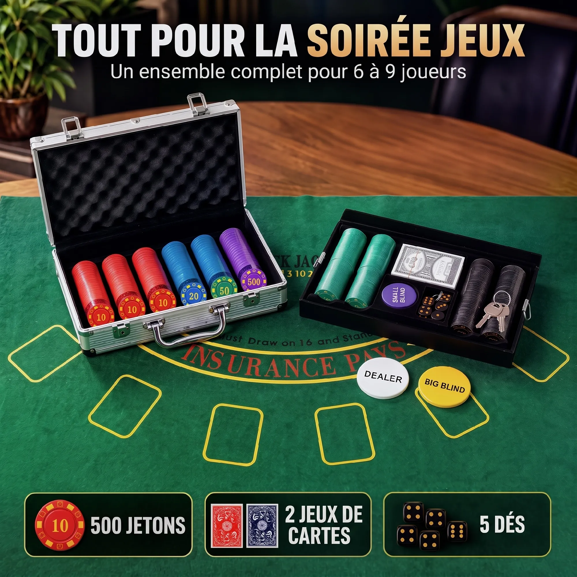 Mallette de poker argentée 500 jetons numérotés – Tapis 90 × 60 cm, cartes, dés et accessoires – Bild 4